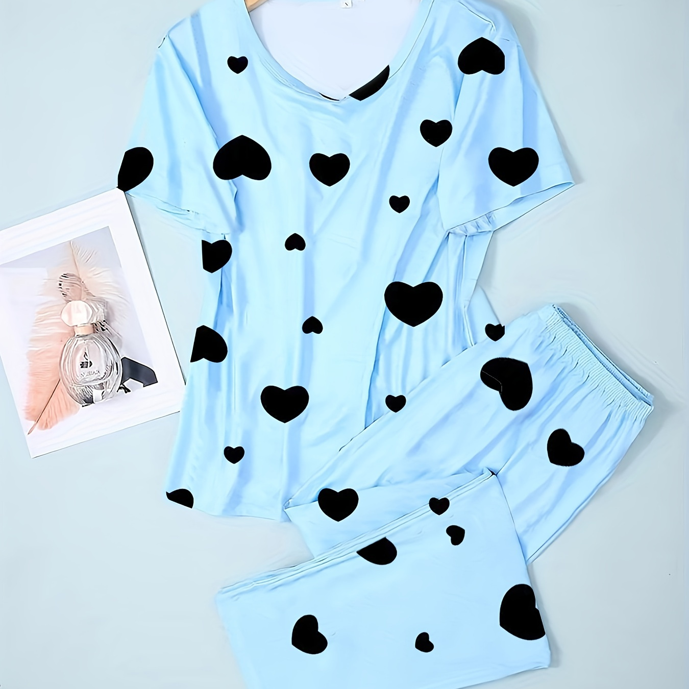 

Heart Print Pajama Set, Comfort Short Sleeve Top & Loose Long Pants, Women's Loungewear & Sleepwear