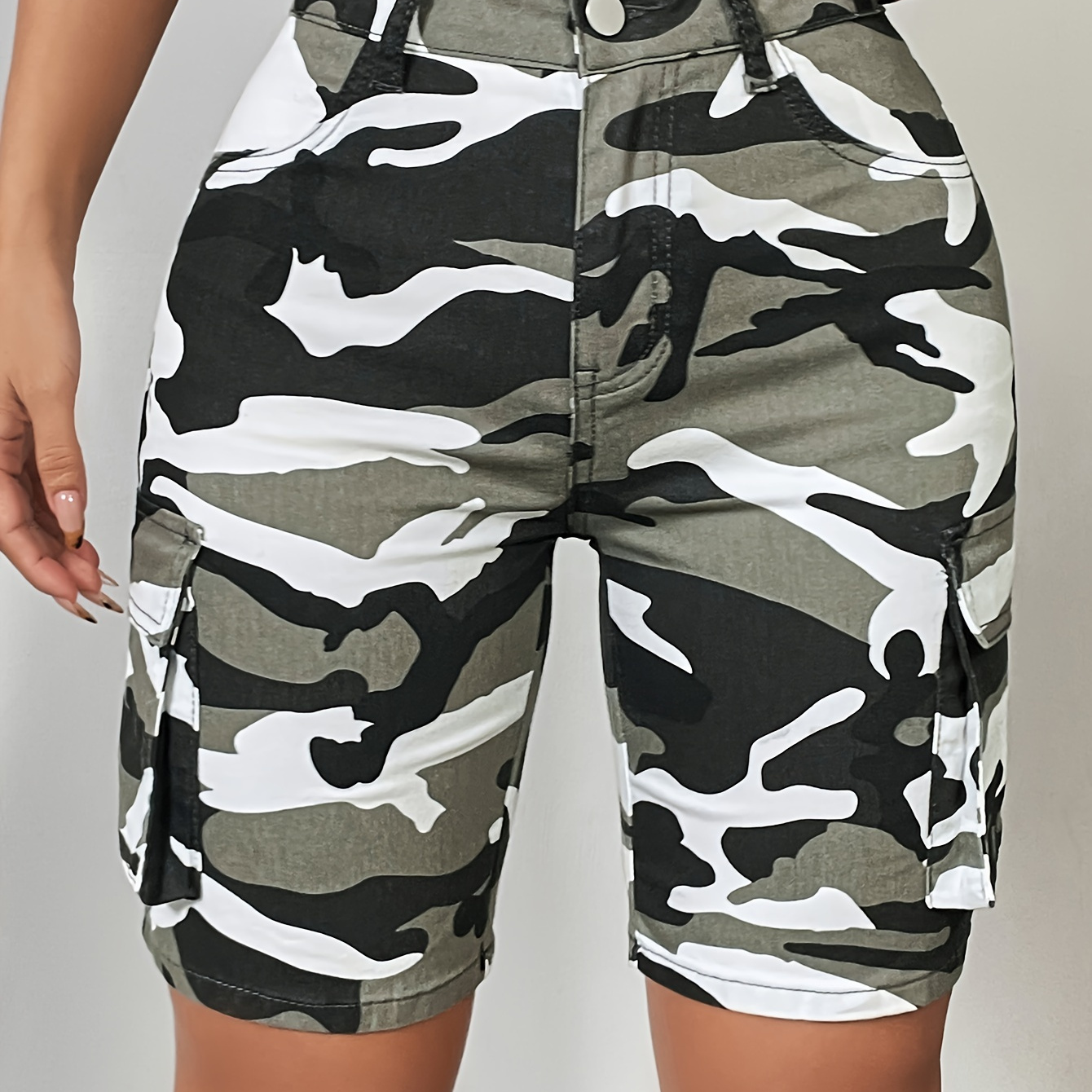 

Women's Camo Print Cargo Cycling Bermuda Denim Shorts, Stretch Fit, Casual Style, With Pockets