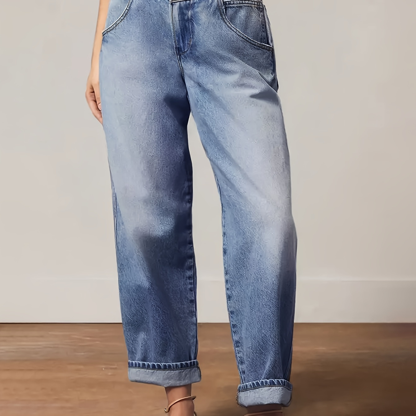 

High Waist Double Buttons Washed Blue Casual Style Denim Pants, Women's Denim Jeans & Clothing