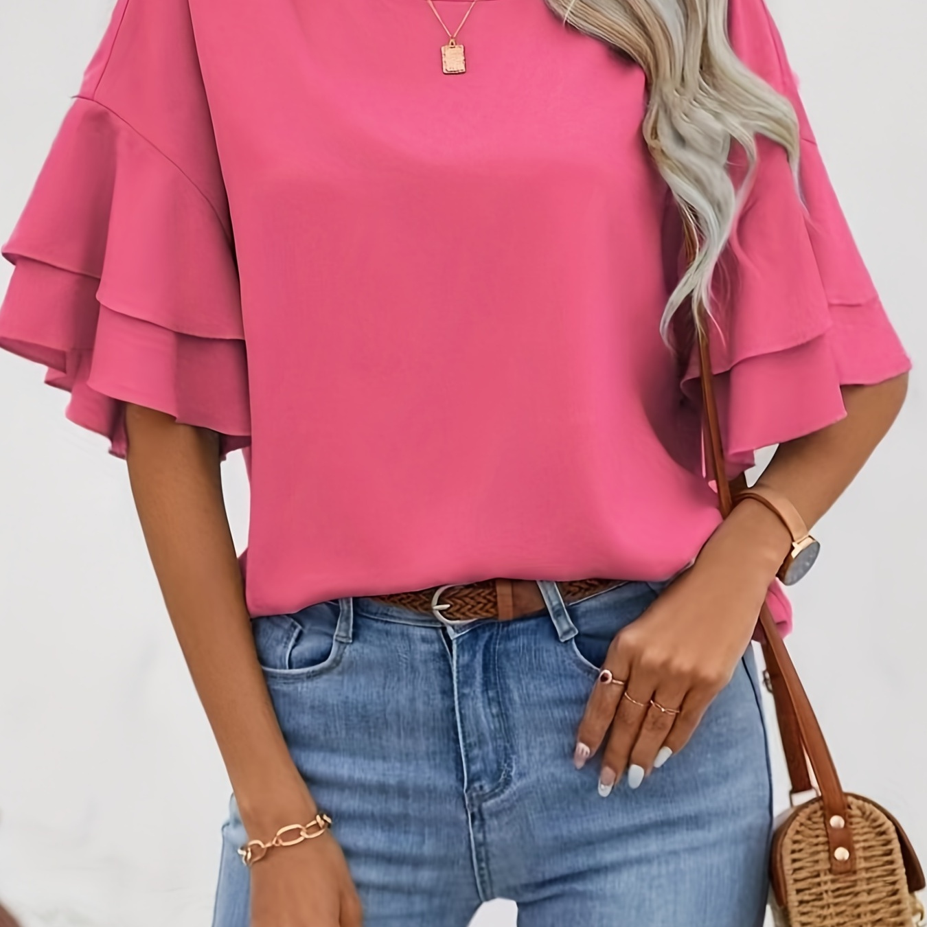 

Solid Crew Neck Blouse, Casual 3/4 Tiered Bell Sleeve For Summer, Women's Clothing
