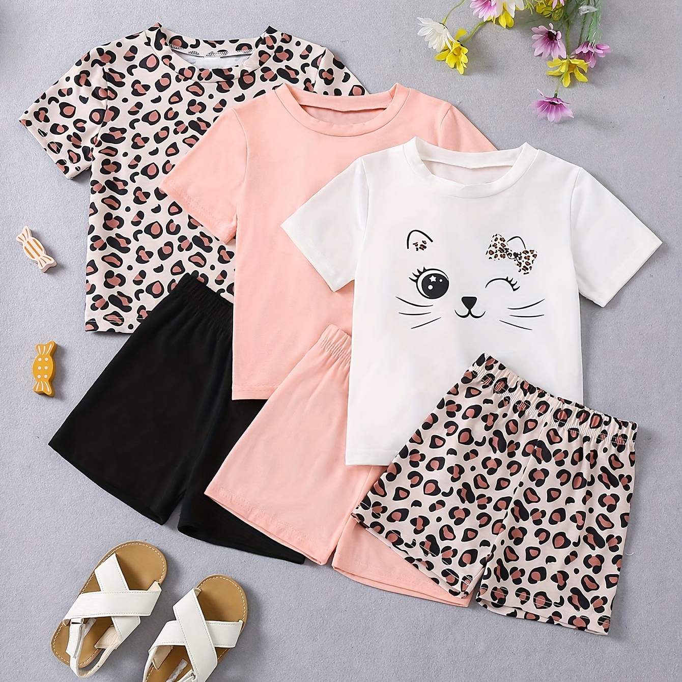 TEMU Casual Girl's 3 Sets, Solid & Leopard Style Short Sleeve Top + Shorts Set Trendy 2-piece Holiday Summer Outfit