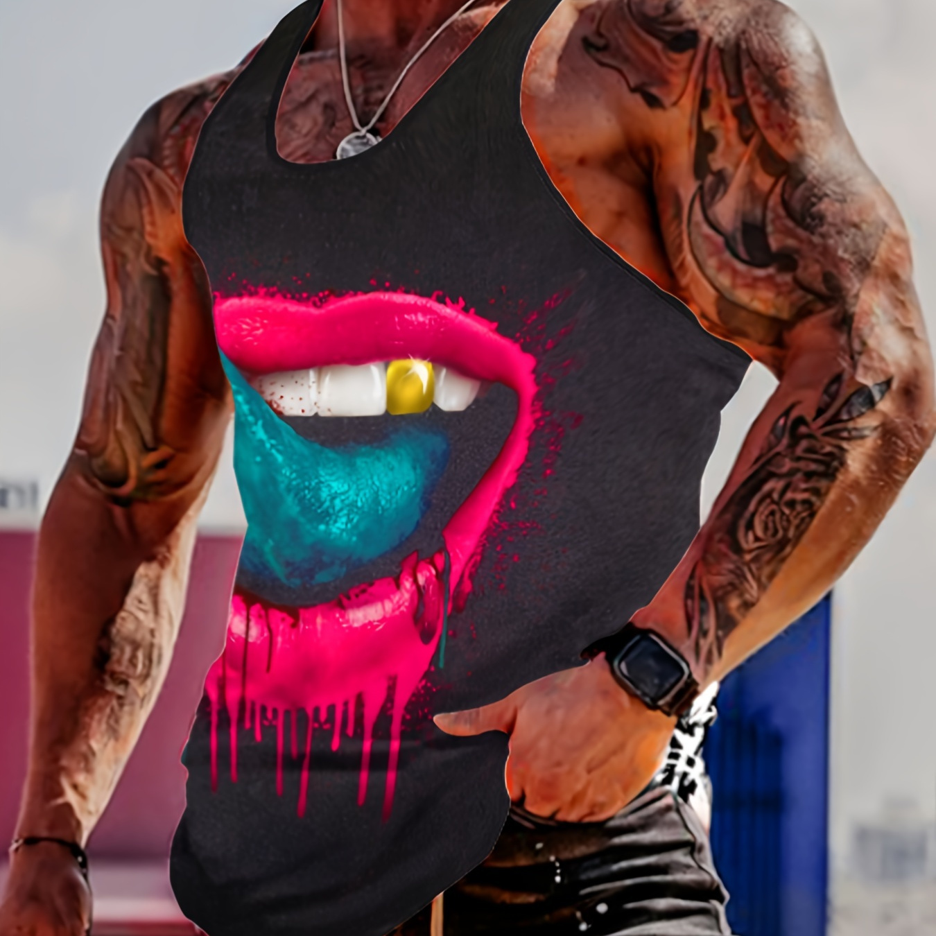 

Funny Lips Print Comfy Breathable Tank Top, Men's Casual Stretch Sleeveless T-shirt For Summer Gym Workout Training Basketball