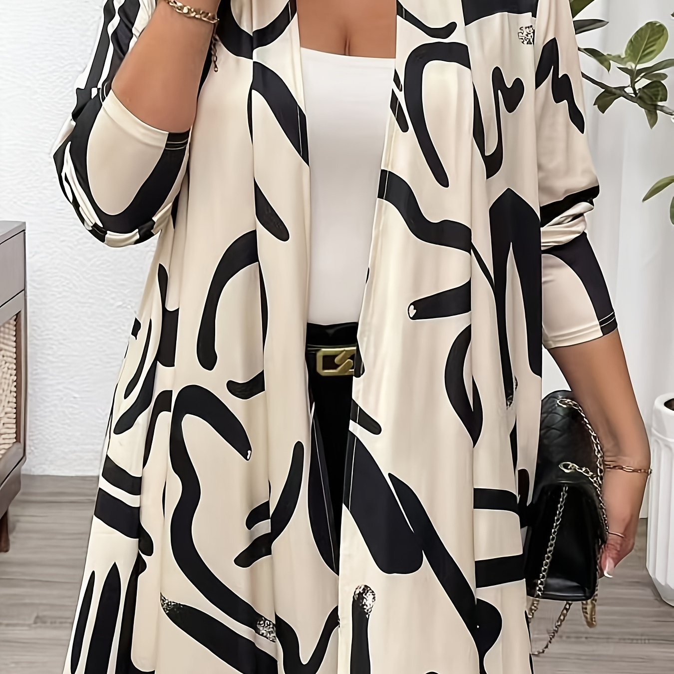 

1pc Elegant Tropical Print Women's Long Sleeve Cardigan, Halter Neck Knit Polyester Blouse With Stretch For All