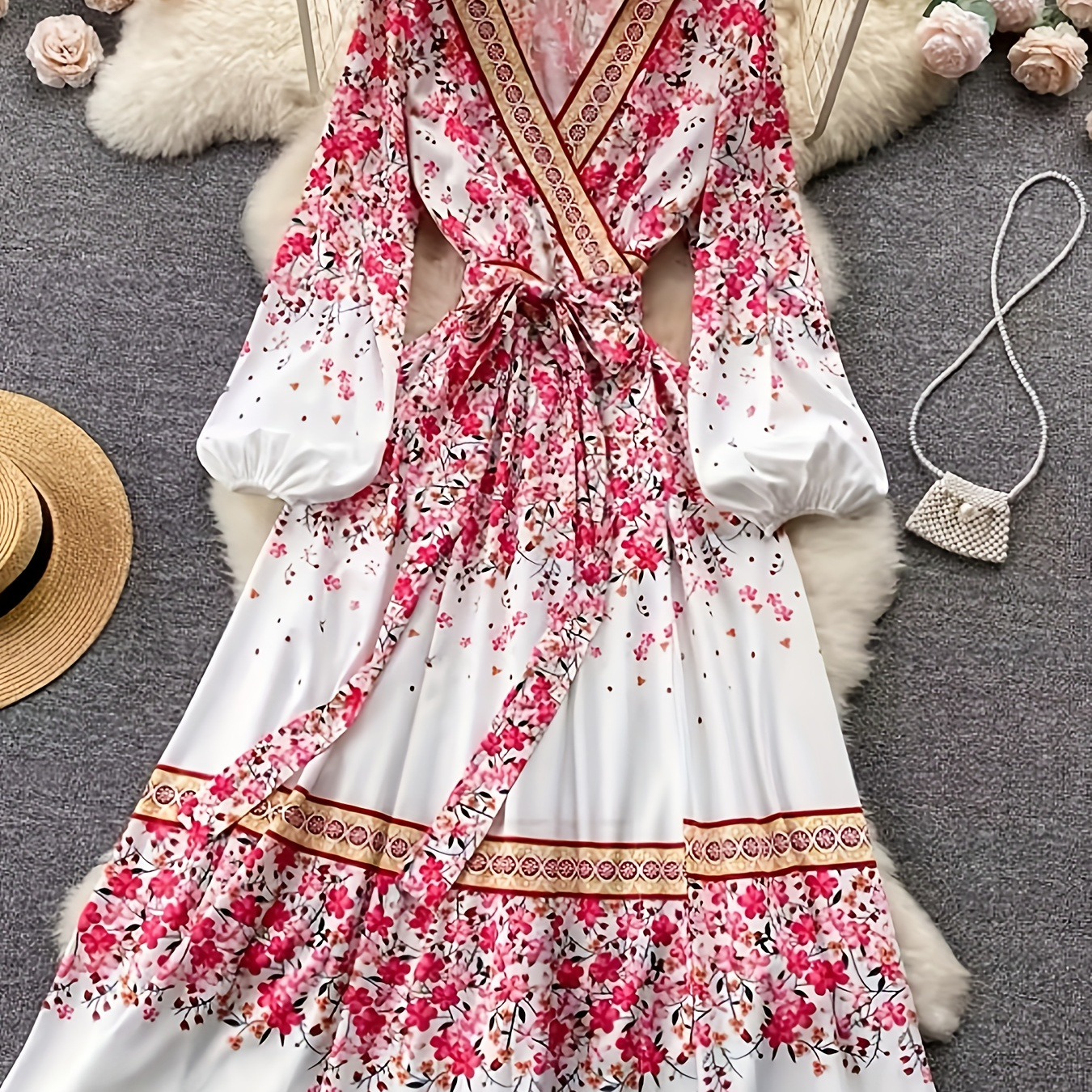 

Floral Dress Chic Lantern Sleeve Bow Lace Up