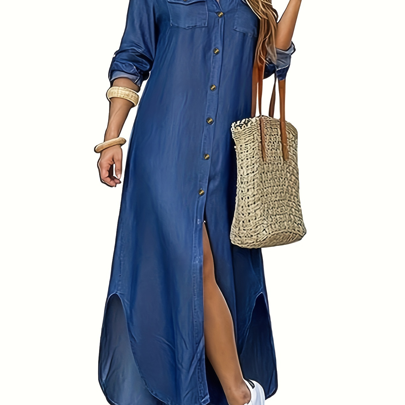 

Elegant Long Sleeve Button-down Denim Look Dress For Women With Lapel Collar And Straight Hem - 100% Polyester Solid Color Woven Shirting Dress For