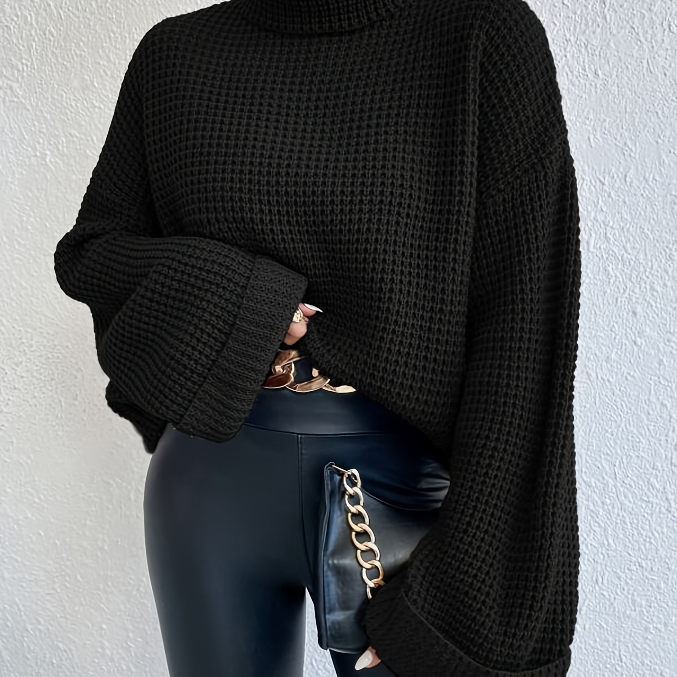 

Solid Knitted Pullover Top, Casual Turtleneck Long Sleeve Sweater For Fall & Winter, Women's Clothing