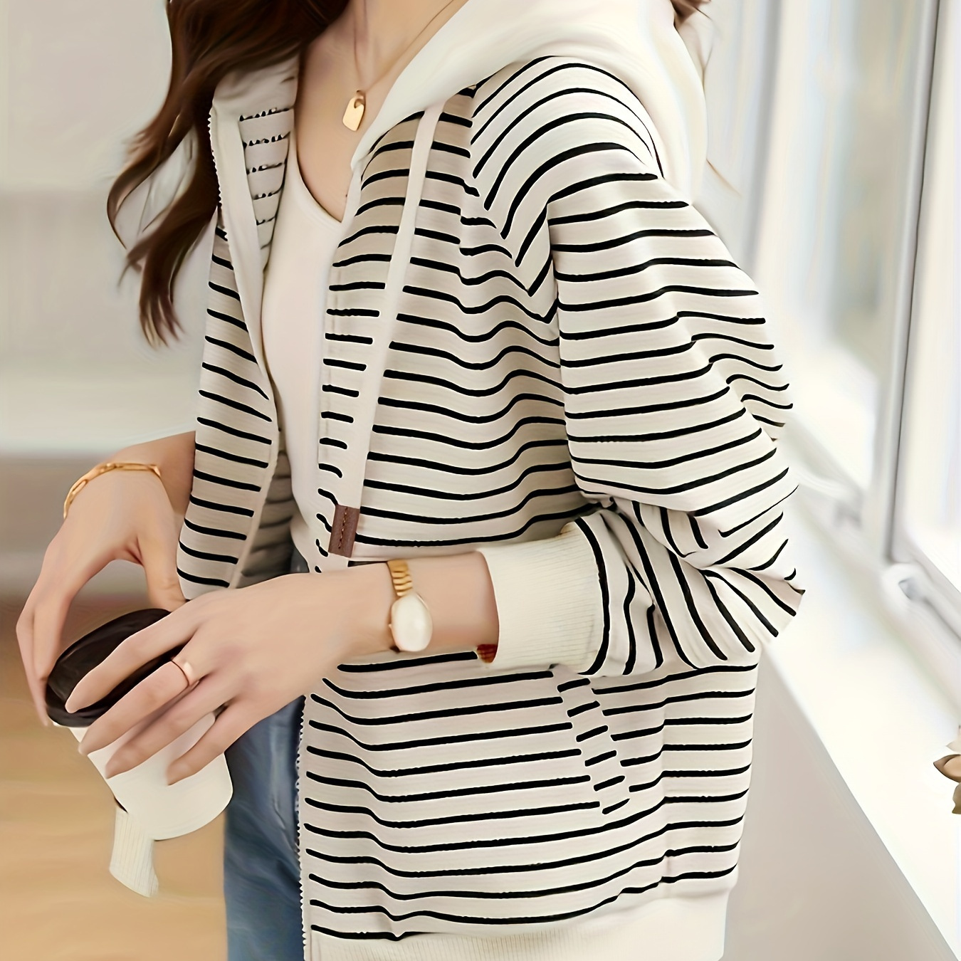 

Striped Pattern Full Zip Jacket, Casual Long Sleeve Slant Pocket Hooded Jacket For Fall, Women's Clothing