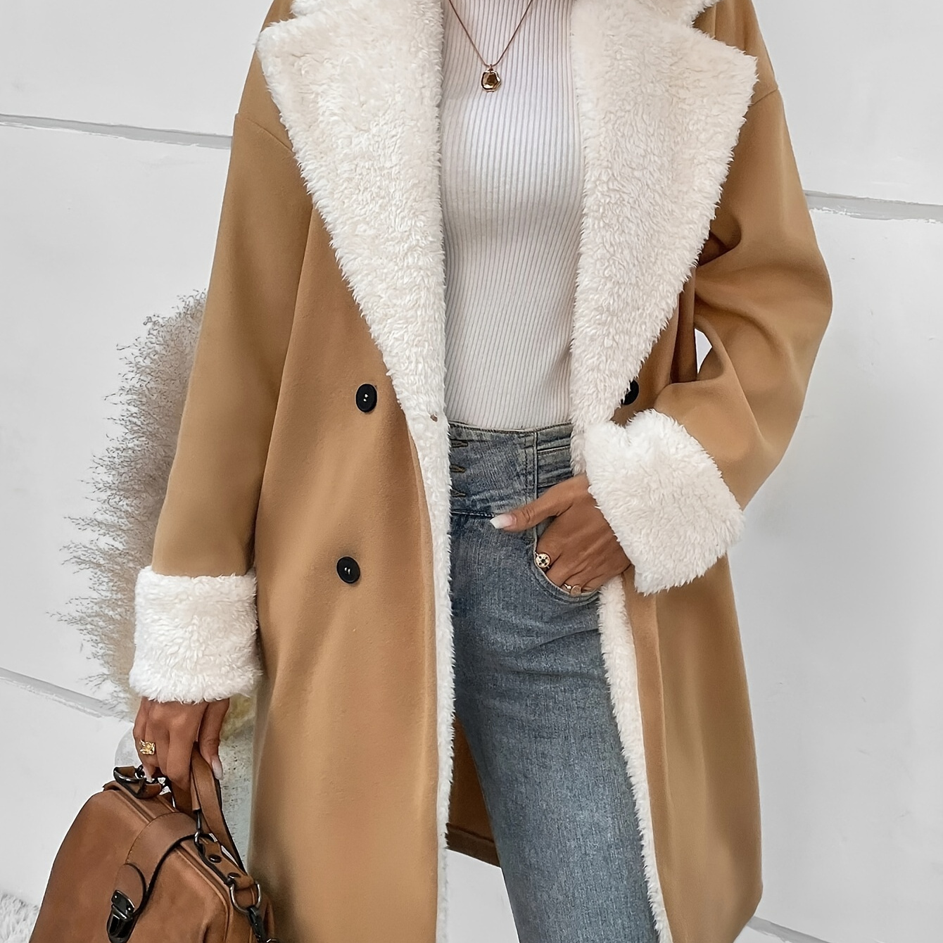 

Plus Size Elegant Coat, Women's Plus Solid Liner Fleece Long Sleeve Double Breast Button Lapel Collar Longline Coat