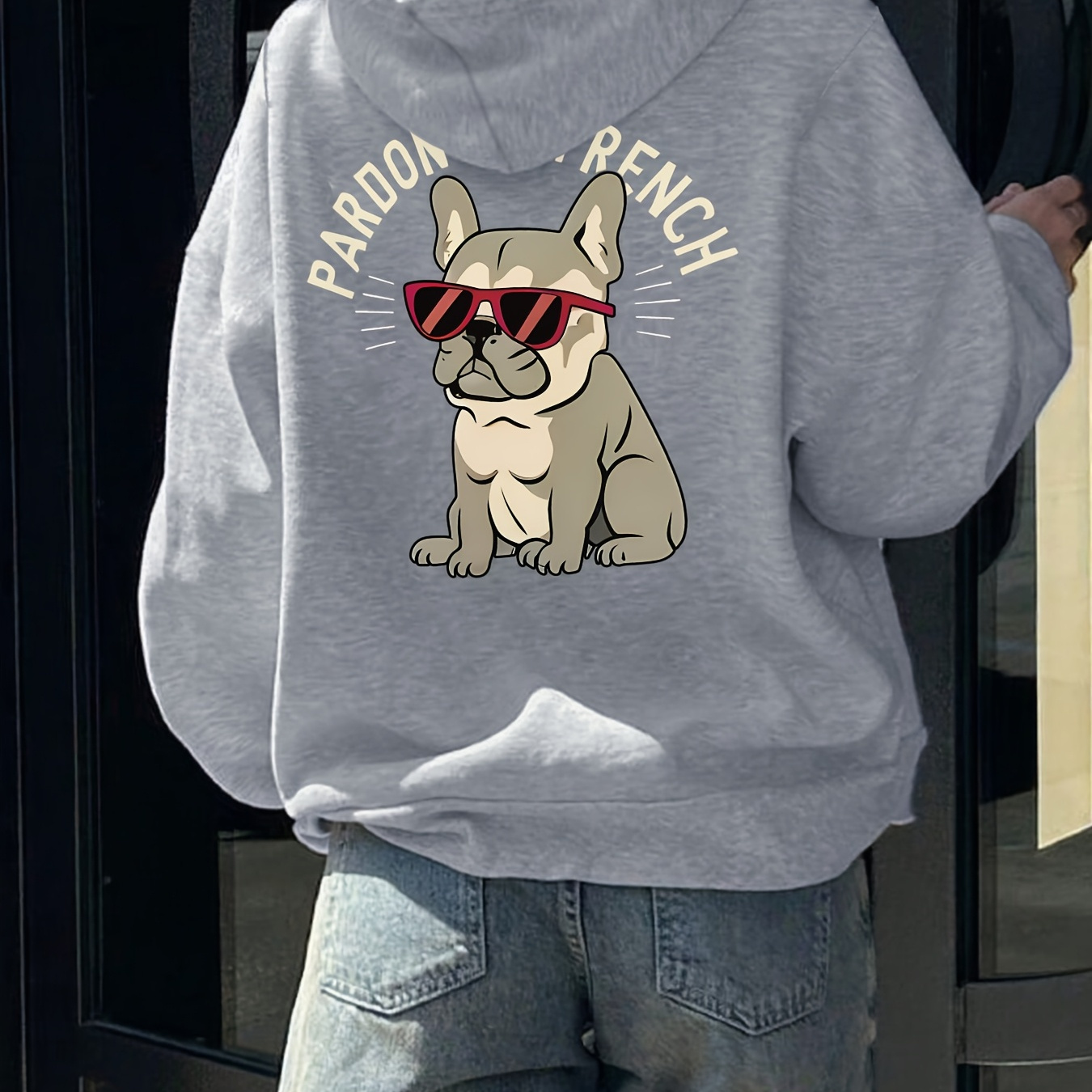 

Sweat à capuche décontracté pour femme avec motif de bulldog français, tissu tricoté % polyester, motif géométrique et alphabet, sweat à capuche printemps/été/automne avec détail de poche