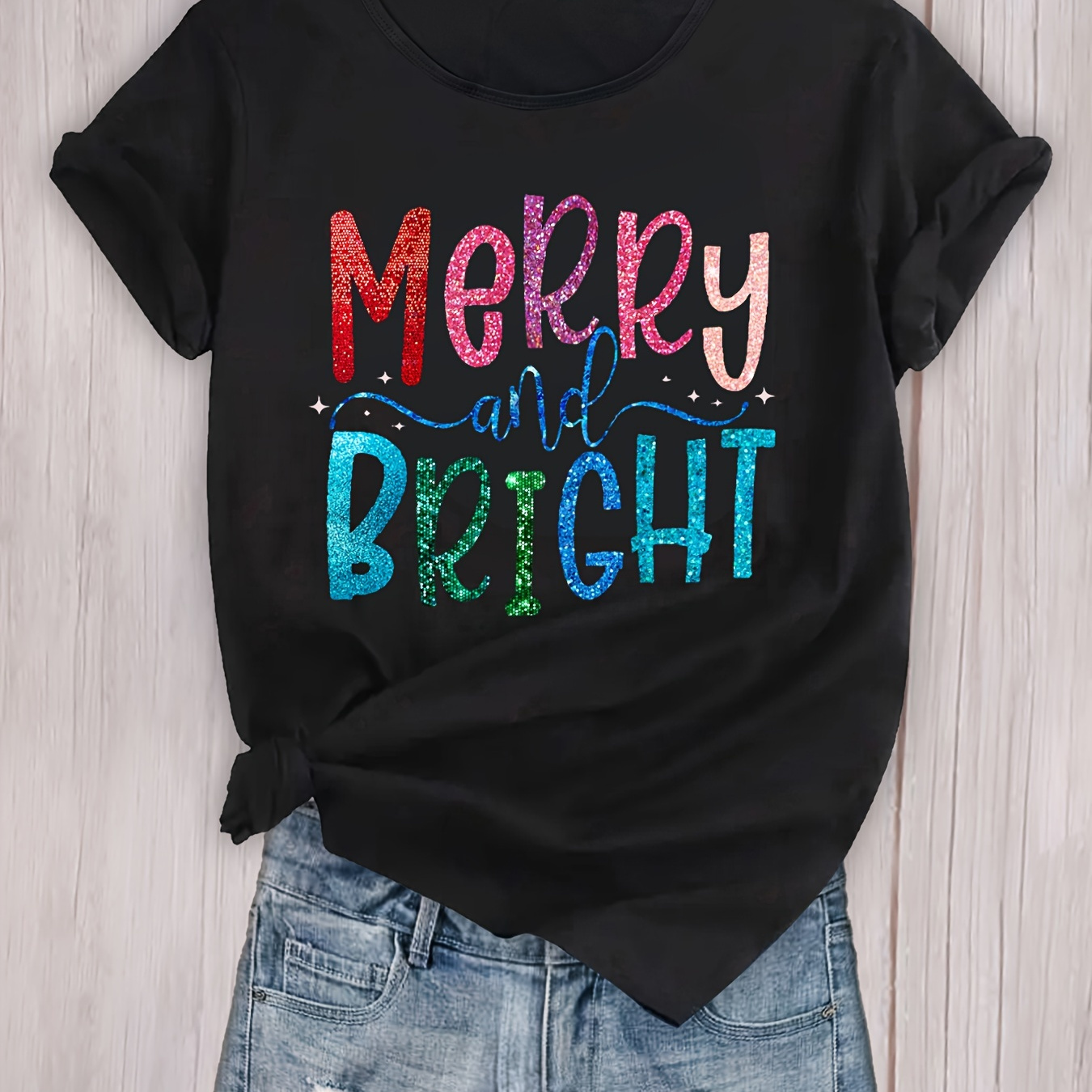 

Colorful Merry Bright Letter Print Sports T-shirts, Comfortable Round Neck Casual Short Sleeve Top, Women's Activewear