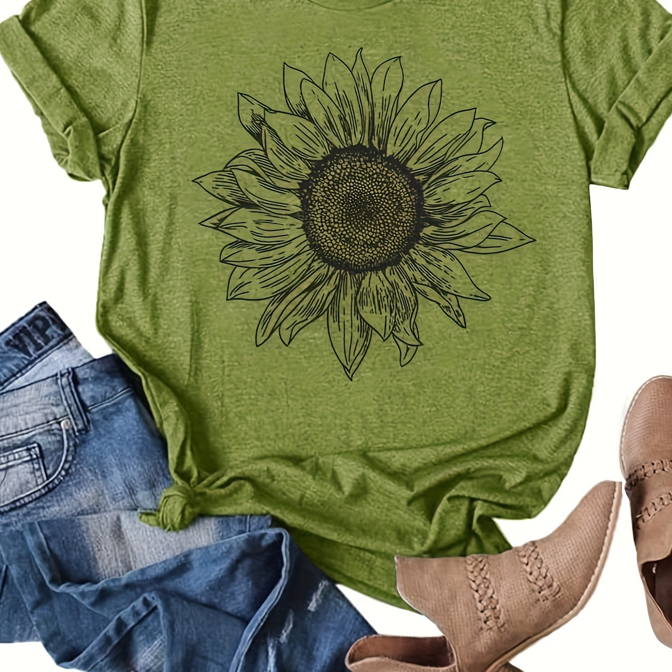 

Sunflower Print Crew Neck T-shirt, Casual Short Sleeve T-shirt For Spring & Summer, Women's Clothing