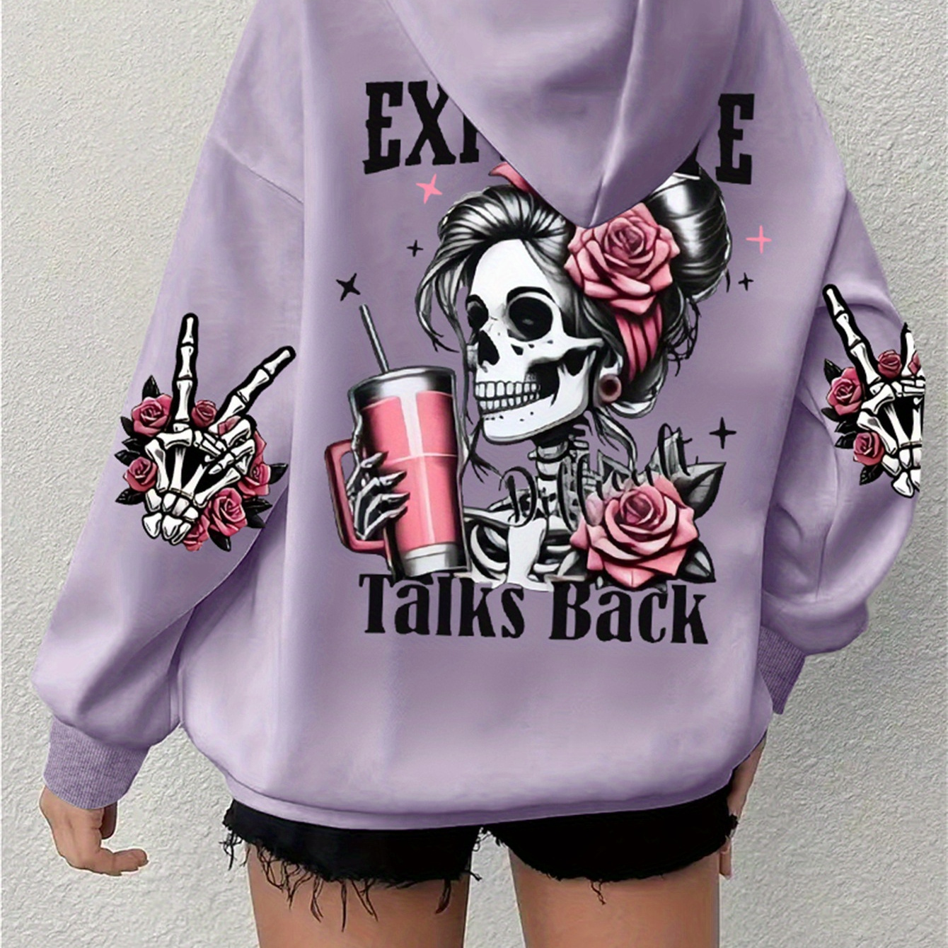 

Plus Size Skull Print Drawstring Hoodie, Casual Long Sleeve Hoodie For Fall & Winter, Women's Plus Size Clothing