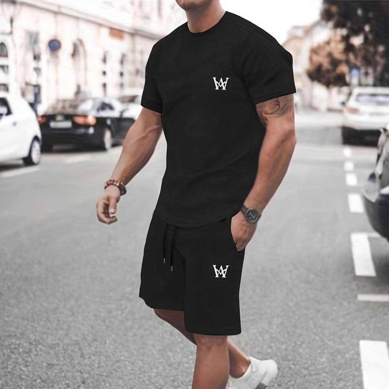 

Men's Casual W Letter Print Pajama Set For Summer, Crew Neck Short Sleeve Printed Graphic T-shirt Top & Drawstring Shorts With Pockets, Loungewear Set