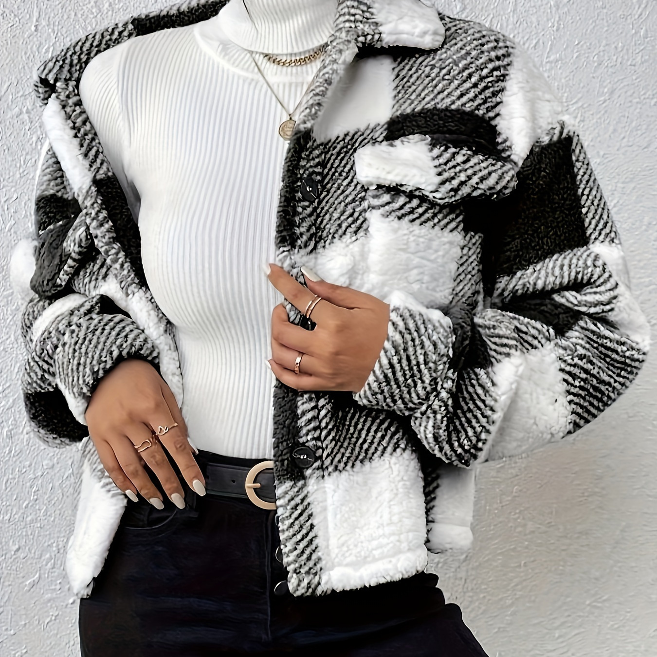 

Plaid Button Front Teddy Coat, Casual Flap Pocket Long Sleeve Coat For Fall & Winter, Women's Clothing