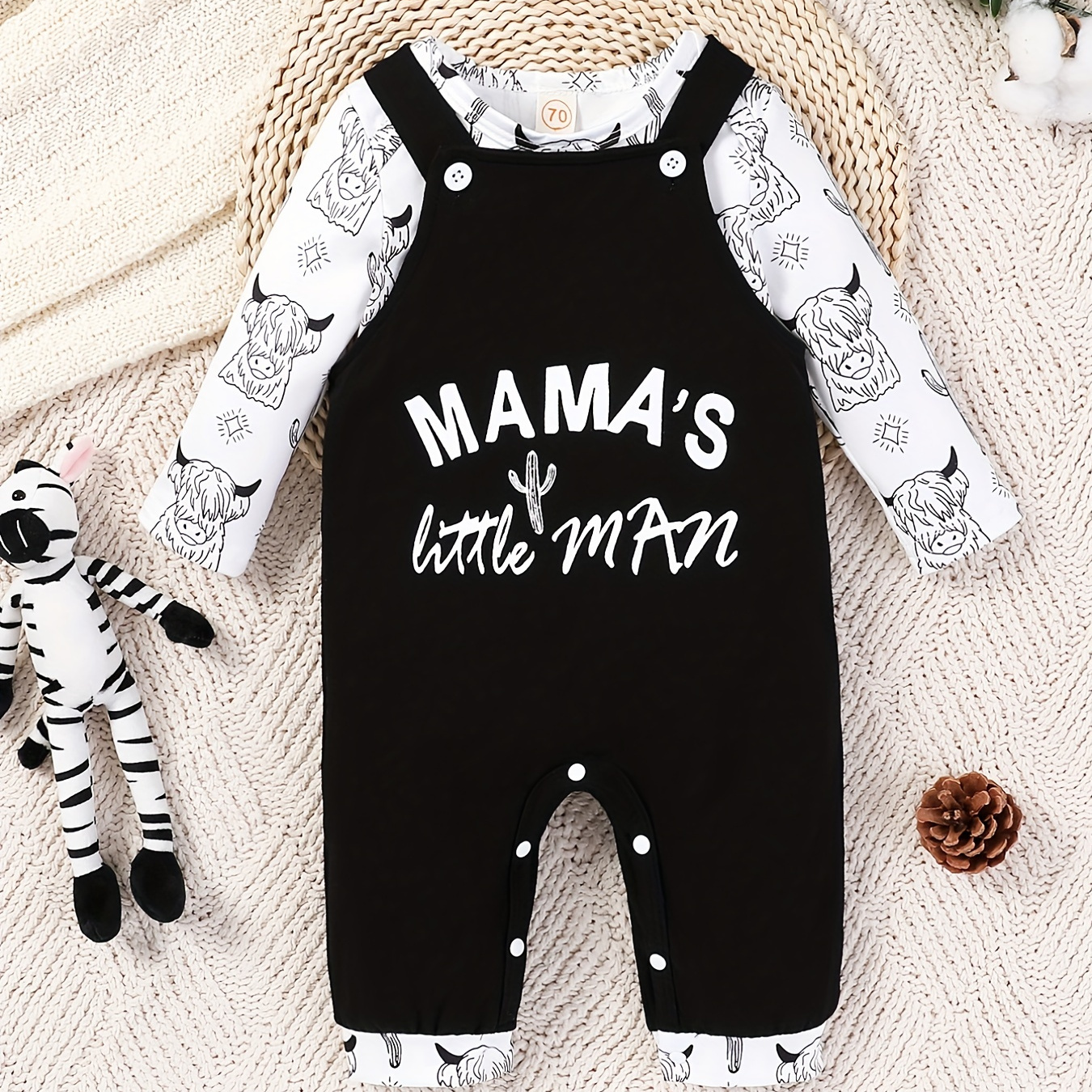 

Toddler Baby Boys Cute Mama's Little Man Cow Head Print + Bib Pants Set