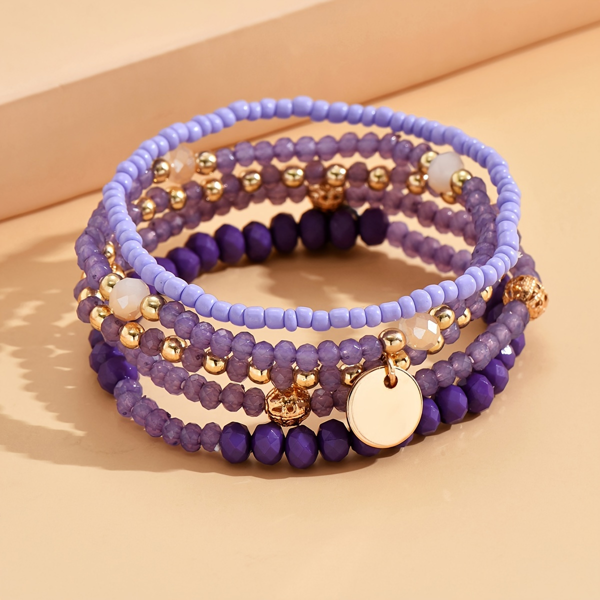 

Simple Beaded Bracelet Set With Flat Round Shape Pendant Handmade Stackable Stretch Bracelets 5 Pcs