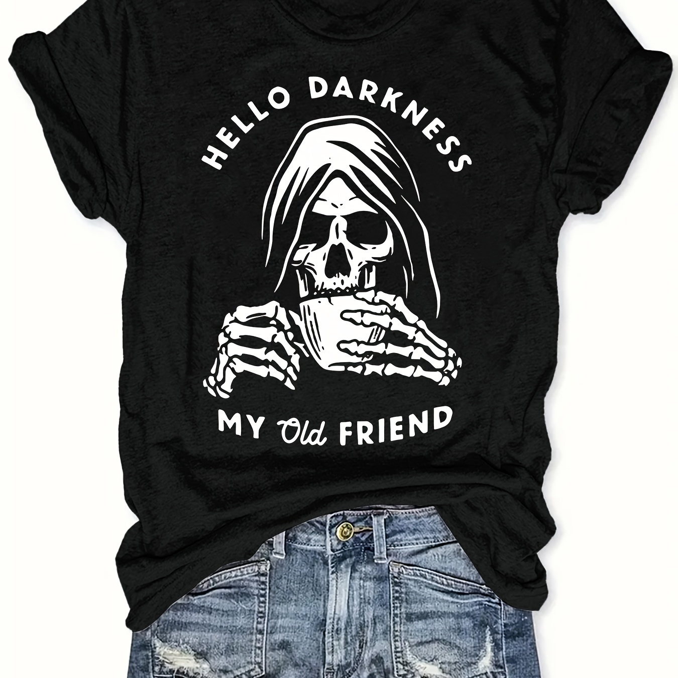 

Women's Casual Crew Neck T-shirt With "hello " Cartoon Print, 100% Polyester Knit Fabric, Regular Length, Top