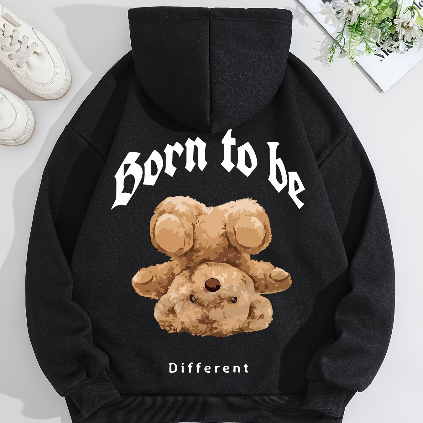 

Women's Casual Polyester Hoodie With Cartoon Teddy Bear Graphic, 100% Knit Fabric, Hooded Pullover, – "" Print