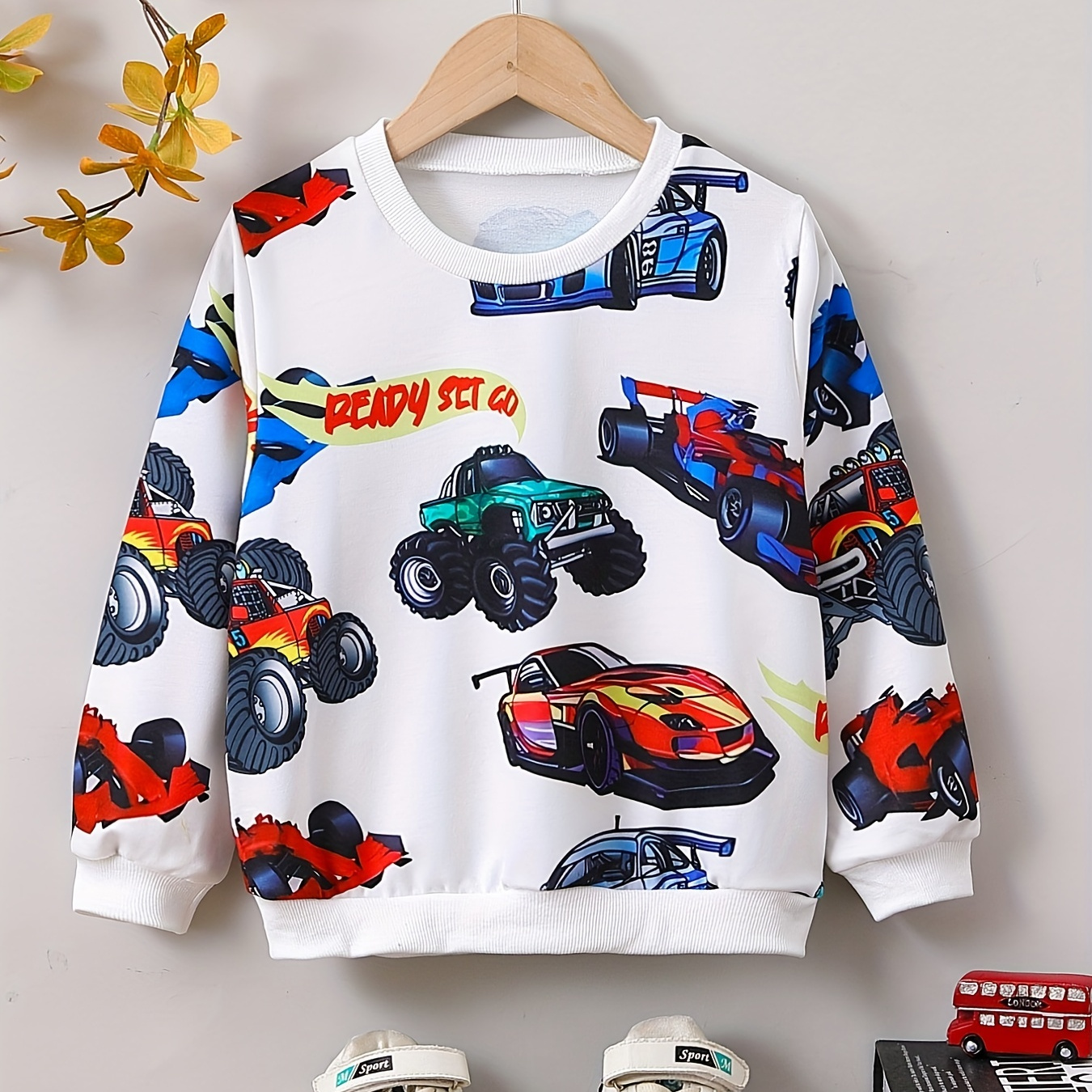 

Cartoon Car Print Boys Casual Creative Pullover Sweatshirt, Long Sleeve Crew Neck Tops, Kids Clothing Outdoor