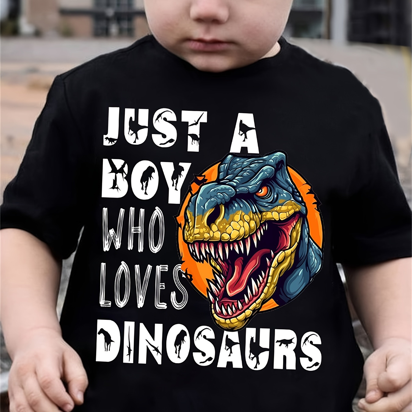 

Just A Boy Who Loves Dinosaurs Print Short Sleeve T-shirt, Casual Trendy Round Neck Comfy Summer Tops, Boy's Clothing