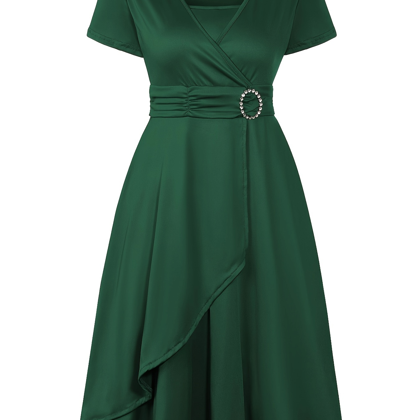 

Robe Midi Élégante Verte à Col en V et Manches Courtes avec Ourlet Asymétrique - Mélange de Polyester et Spandex, Lavable en Machine, Parfaite pour les Fêtes et Événements