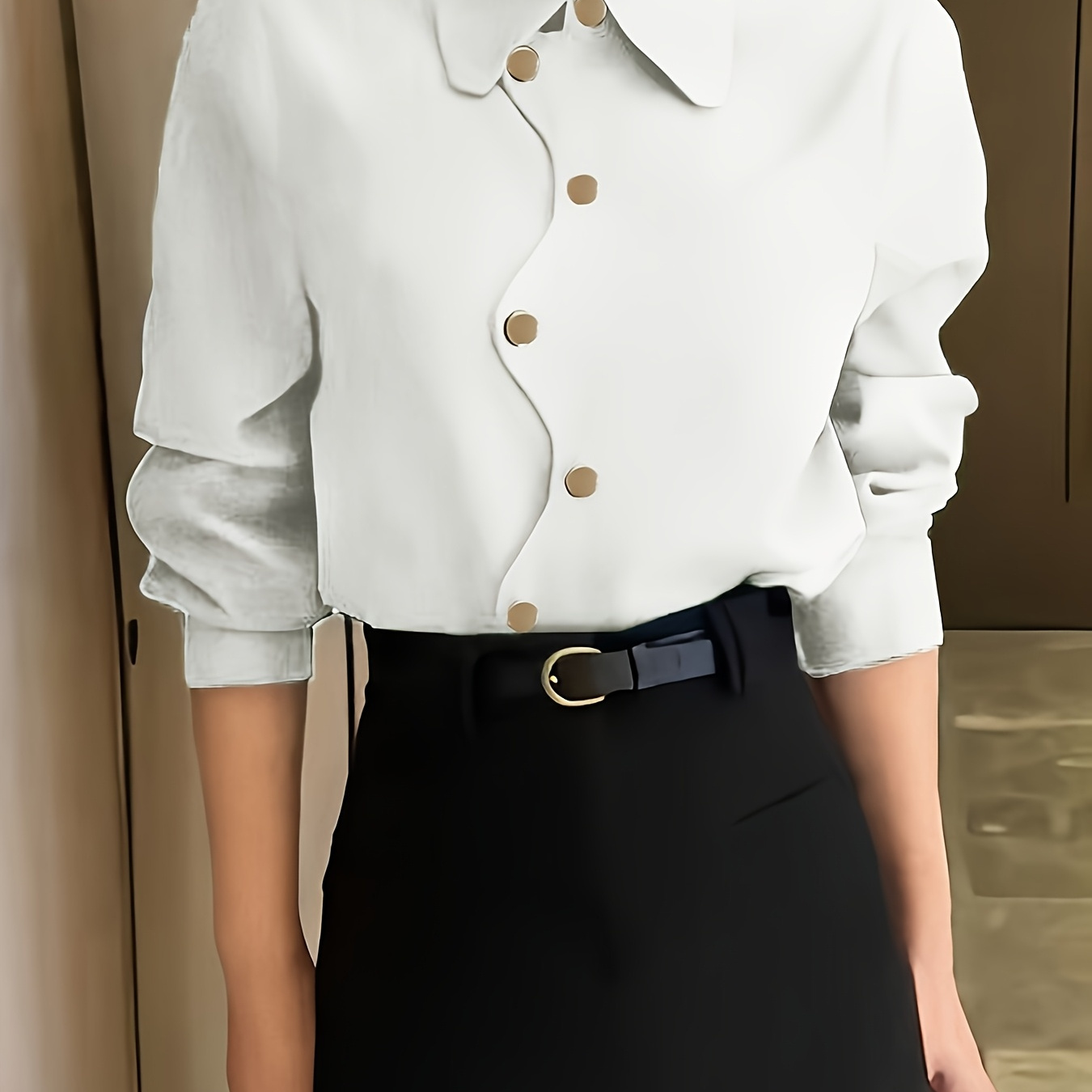 

Women's Elegant Solid Color Polyester Shirt, 100% Polyester, , Woven Fabric, 120g/m², Lapel Collar, Button , Adult - Button-up Blouse