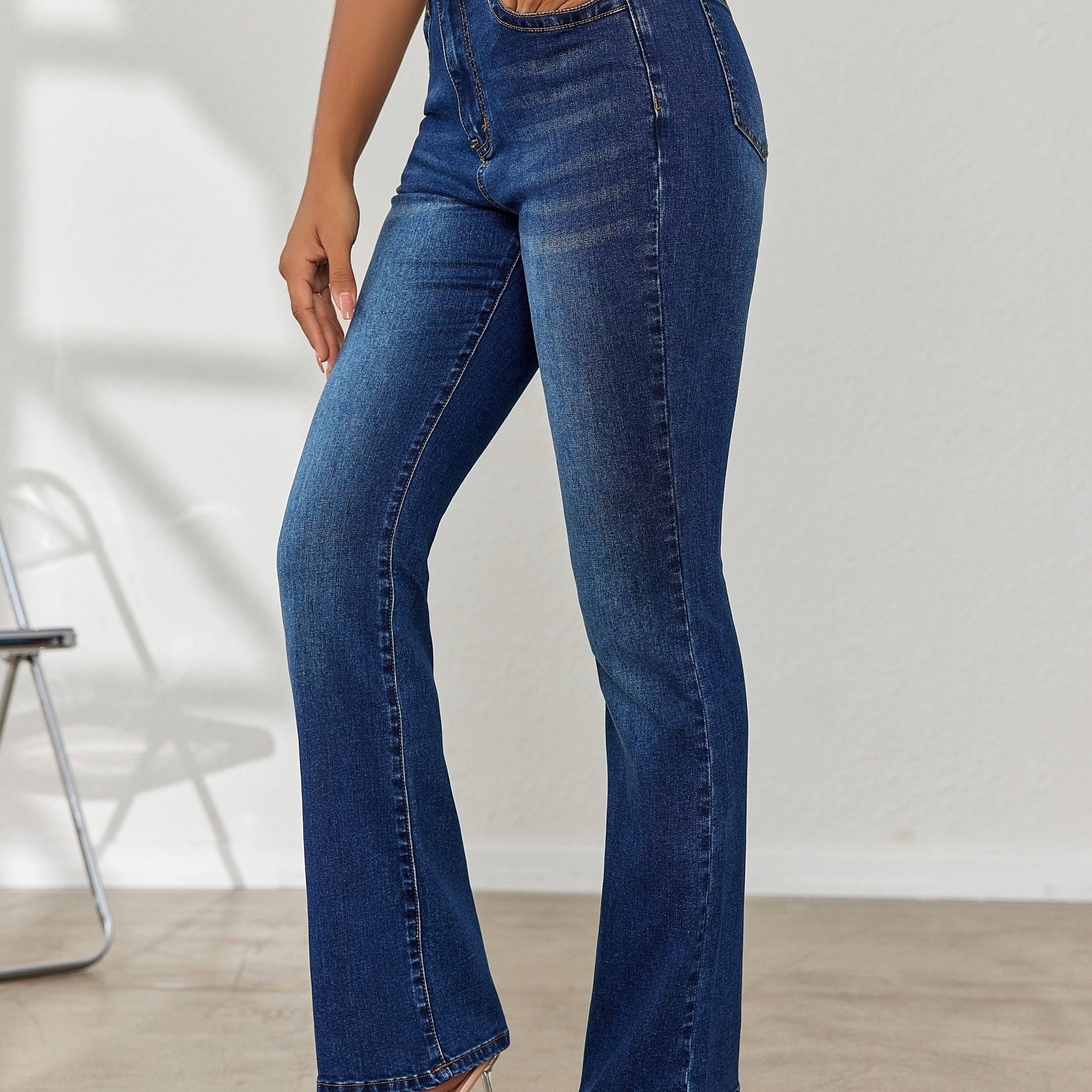 

Blue Slim Fit Bootcut Jeans, High Stretch Slant Pockets Casual Denim Pants, Women's Denim Jeans & Clothing
