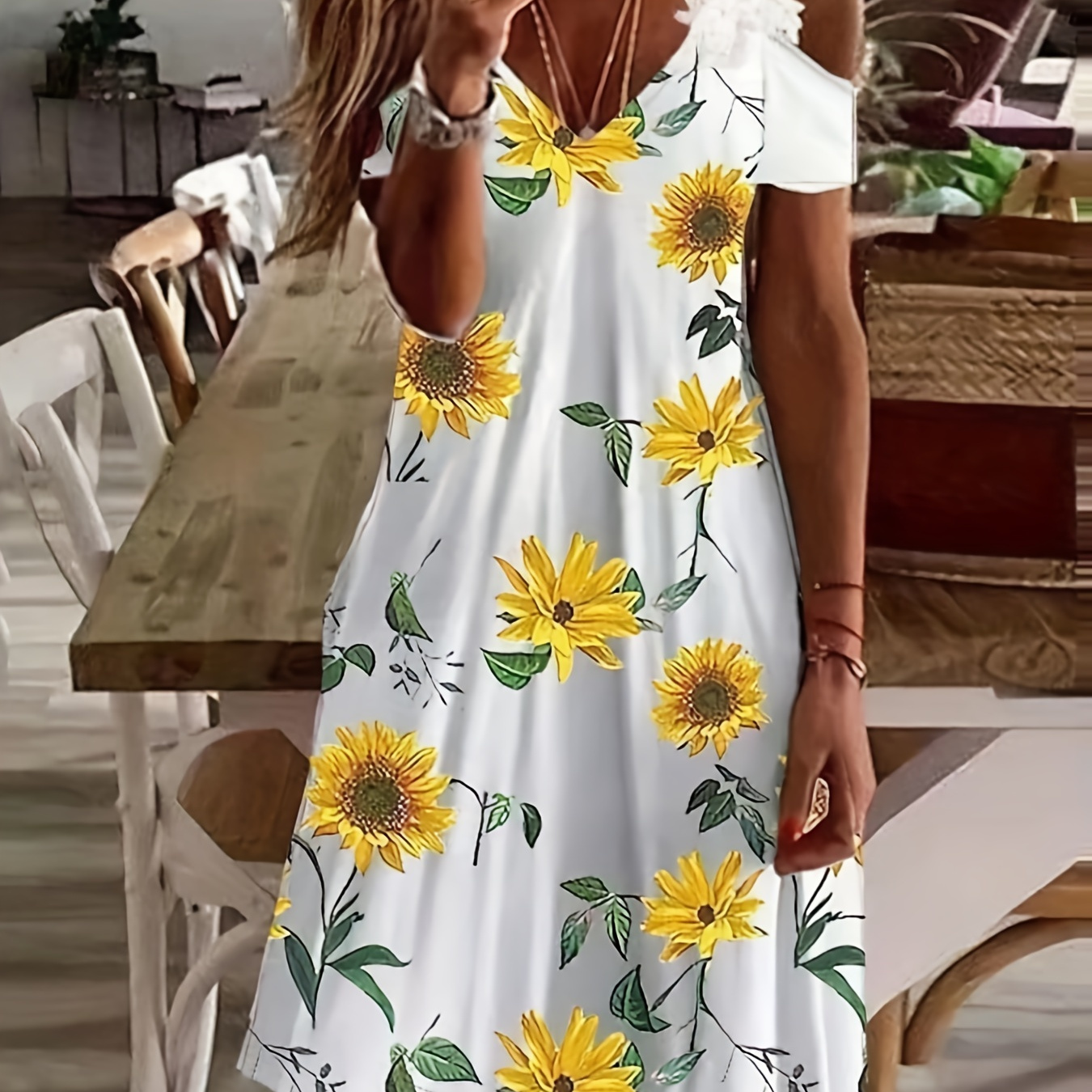 

Sunflower Print Cold Shoulder Dress, Casual V Neck Lace Strap Dress For Spring & Summer, Women's Clothing