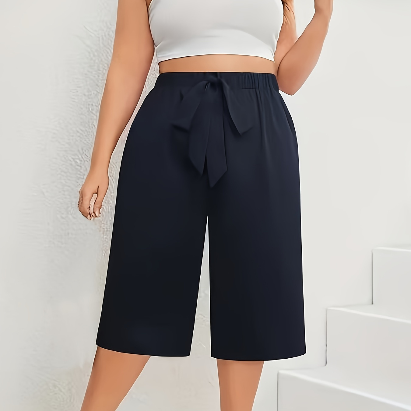 

Plus Size Solid Wide Leg Shorts, Elegant High Waist Tie-front Pants For Spring & Summer, Women's Plus Size Clothing