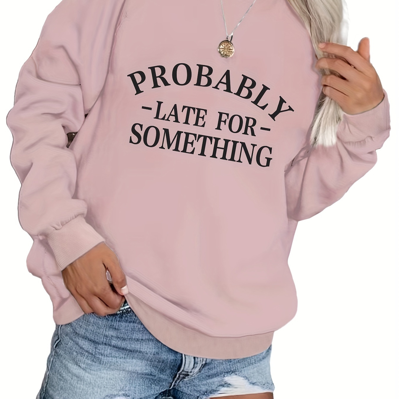 

Plus Size Casual Sweatshirt, Women's Plus Slogan Print Long Sleeve Crew Neck Slight Stretch Pullover Sweatshirt, Casual Tops For Fall & Winter, Plus Size Women's Clothing