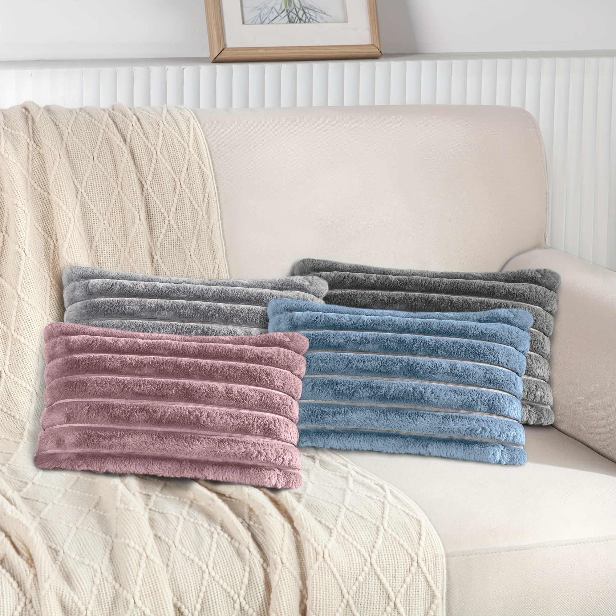 Faux Fur Throw Pillowcases Striped Throw Pillow Covers - Temu