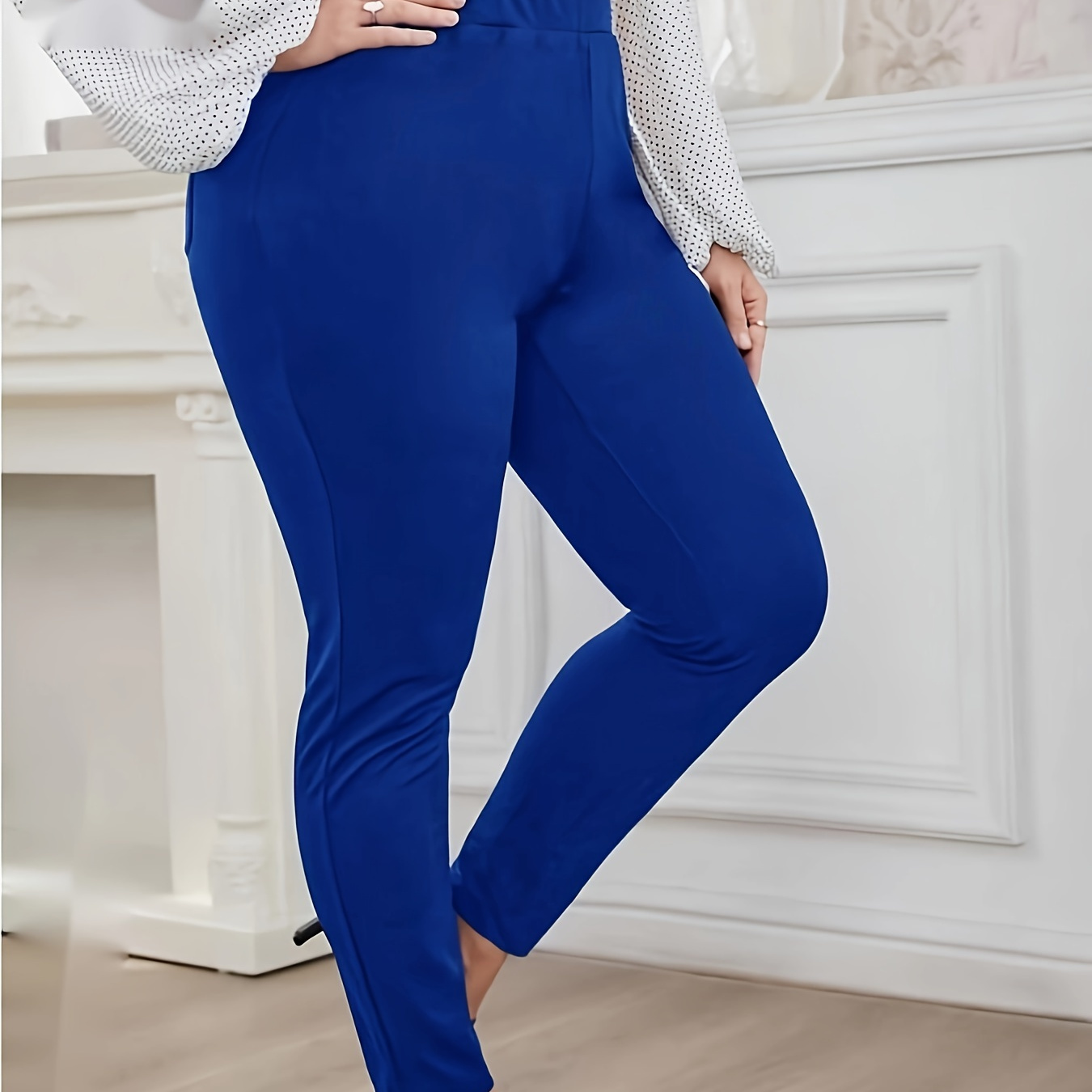 

Plus Size Solid Pocket Leggings, Casual High Waist Stretchy Leggings, Women's Plus Size Clothing