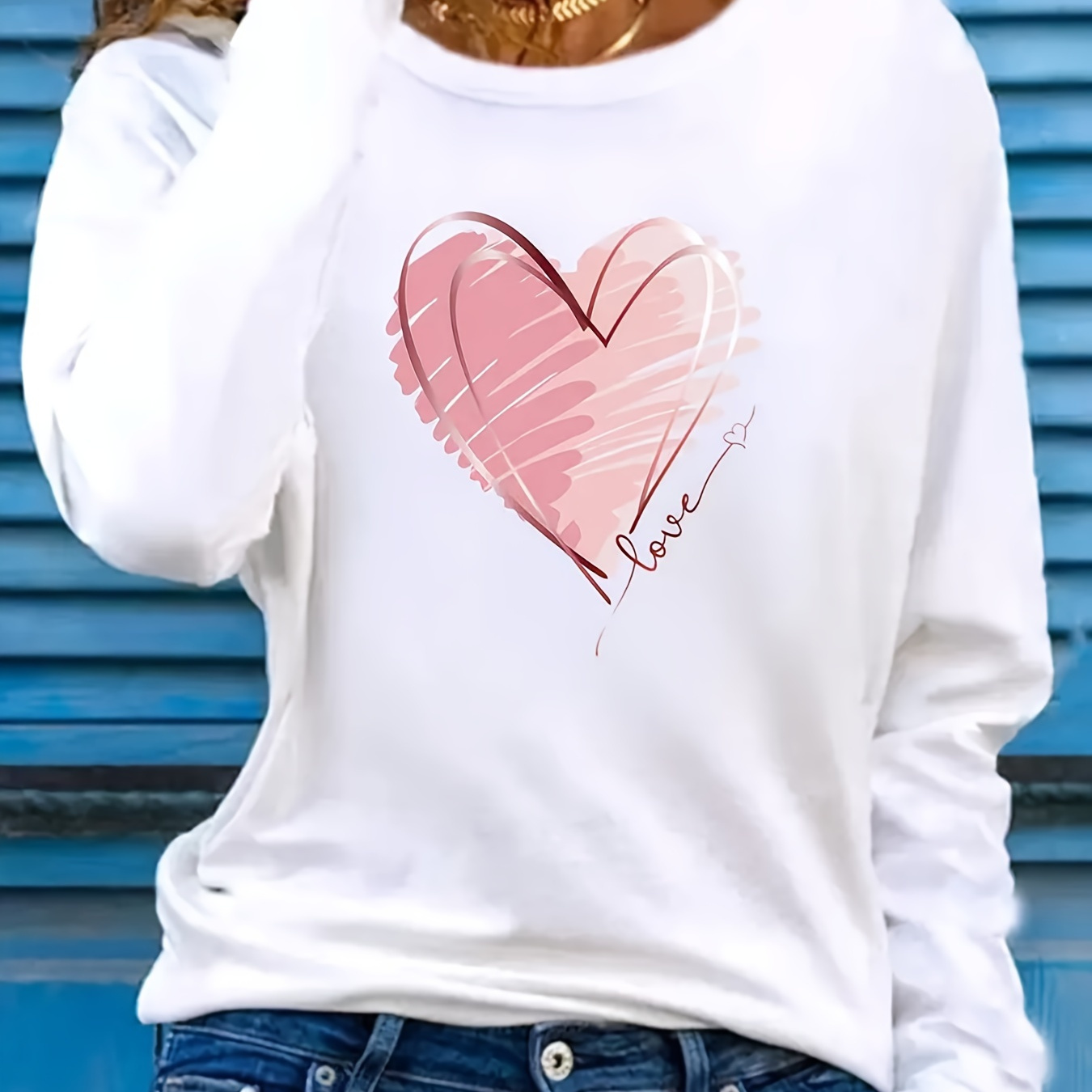 

Women's Comfy Heart & Love Print Long Sleeve T-shirt - Casual, Loose Fit, Crew Neck Top For Spring, Summer & Fall