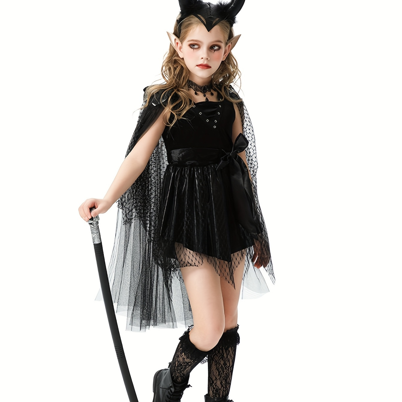 GEEKEO Costume D'Halloween Enfant, 7pièces Deguisement Maléfique Robe  Fille, Déguisement De Sorcière Avec Cornes Et Cape Coiffe, Déguisement De Sorcière  Pour Halloween Carnaval Fête Cosplay (4-5 Ans, image size:1340x1340