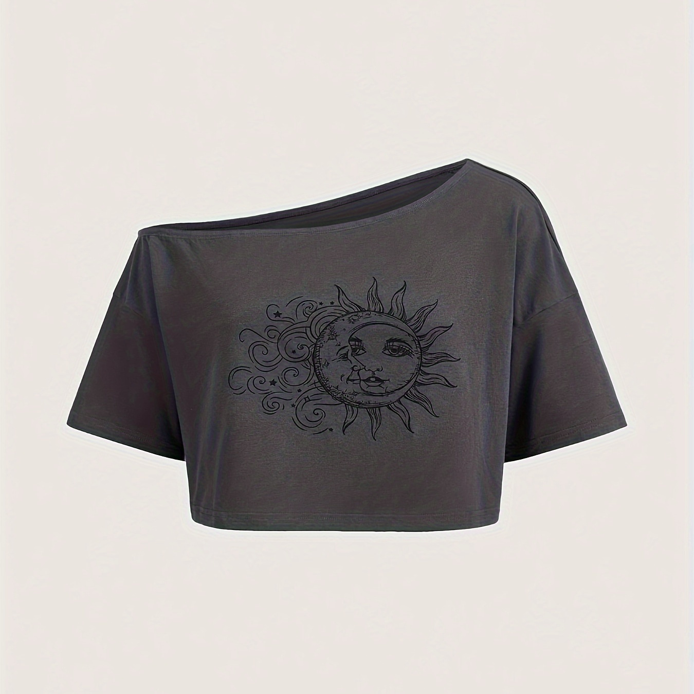 

Sun & Moon Print Crop T-shirt, Y2k Slant Shoulder Backless Short Sleeve Top For Spring & Summer, Women's Clothing