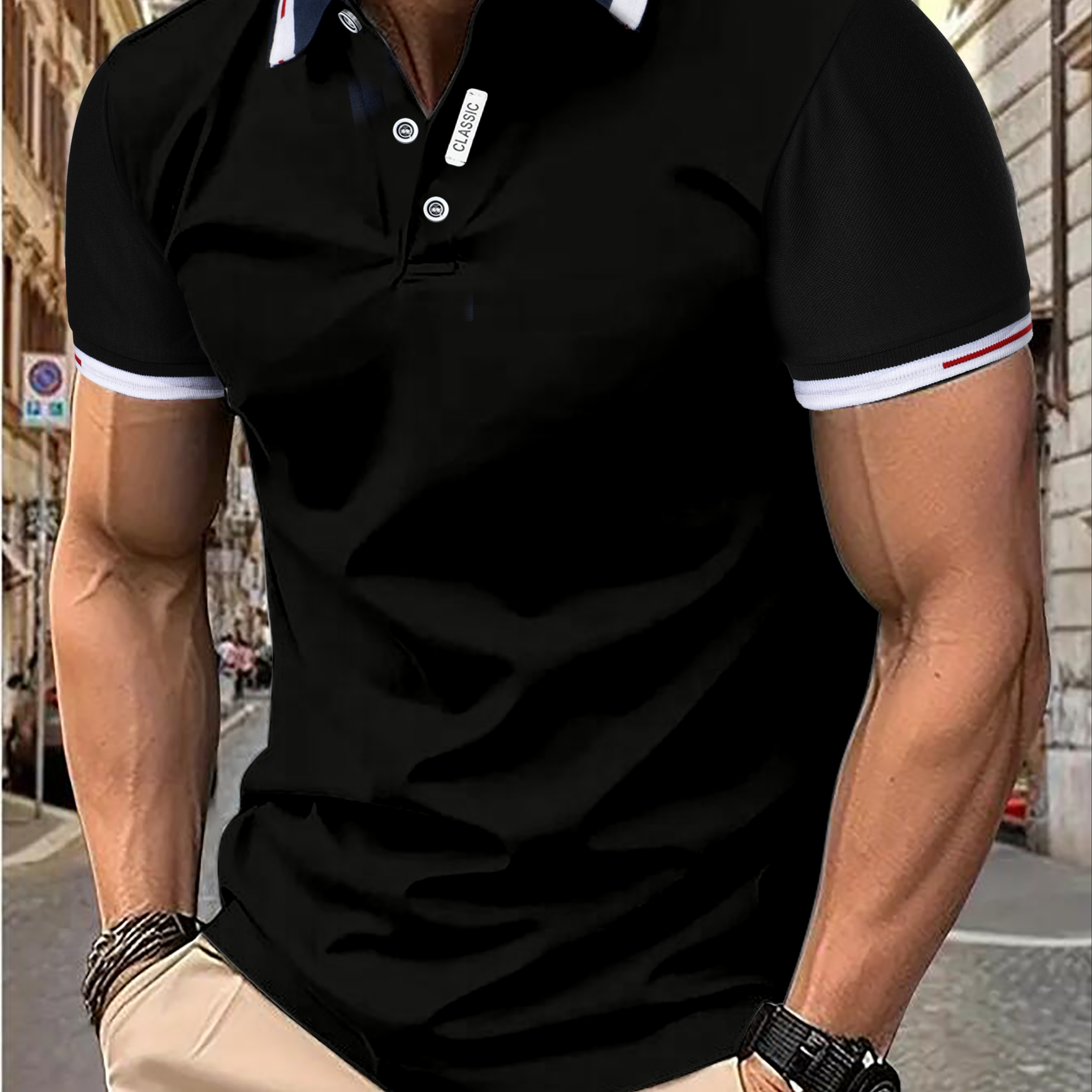 

Men's Sleek Black Shirt - Casual & Sporty, Short-sleeved With Collar And Trim, 100% Polyester, Button Detail, Ideal For Summer