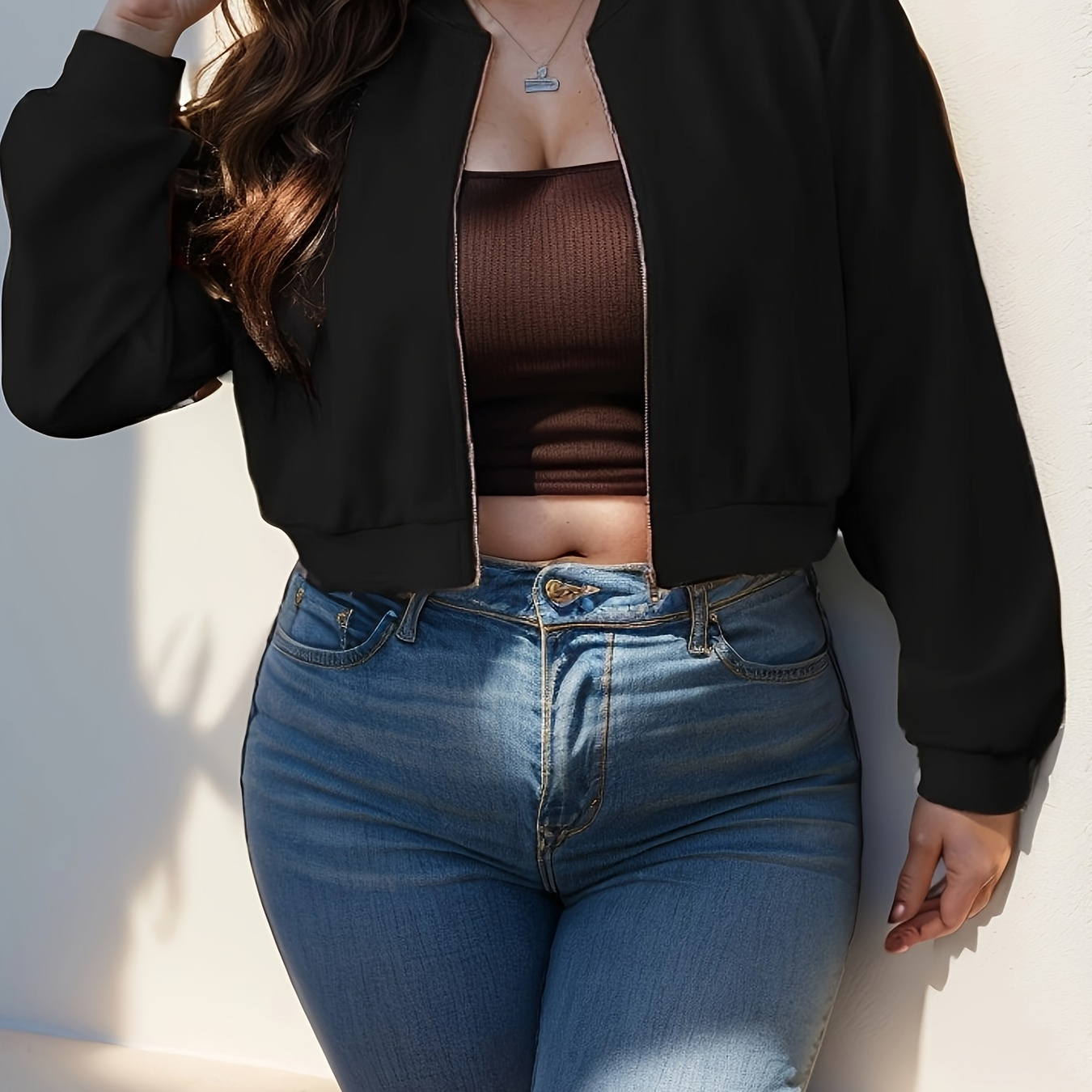 

Plus Size Zip Up Solid Jacket, Casual Long Sleeve Outerwear For Fall & Spring, Women's Plus Size Clothing