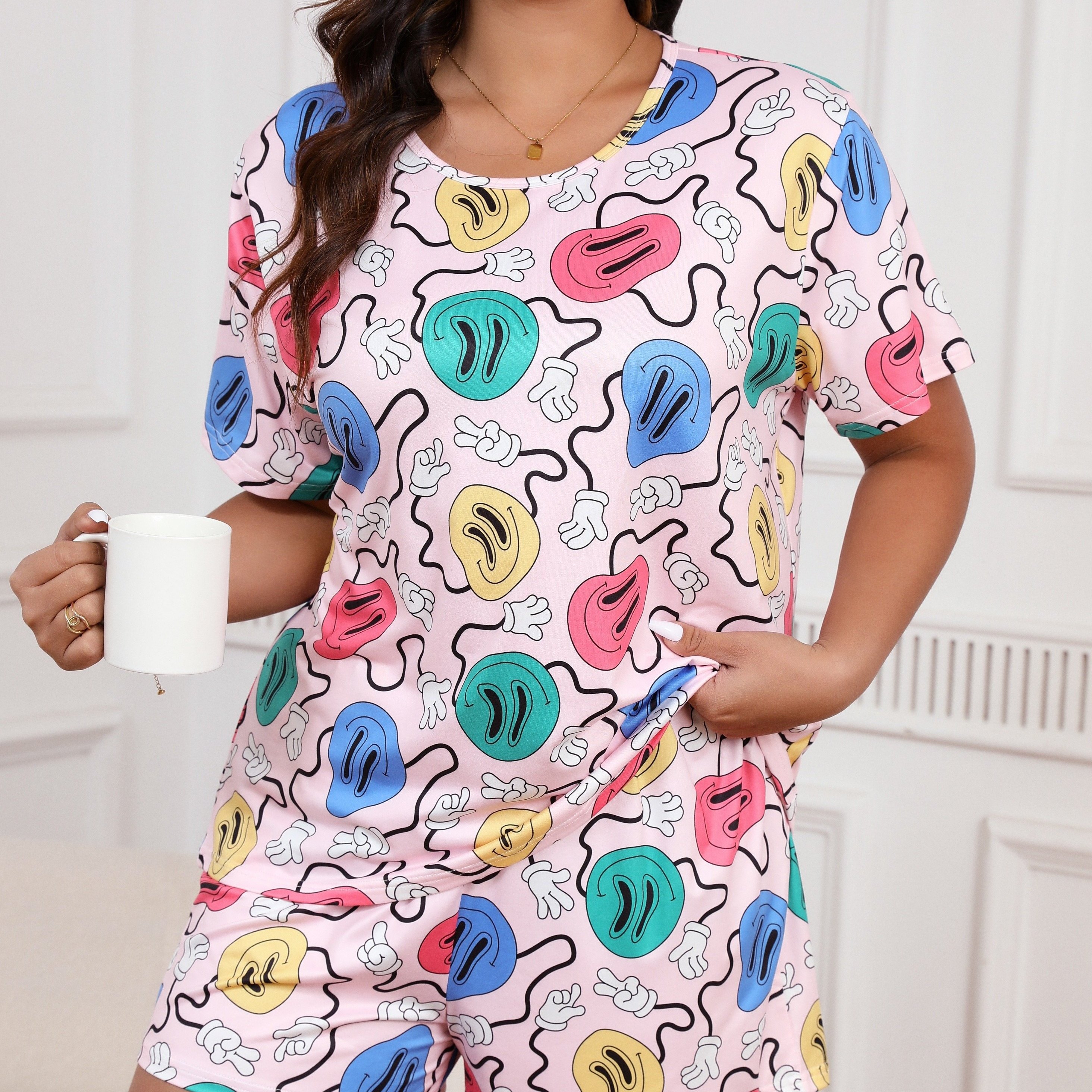 

Women's Plus Casual Pajamas Set, Plus Size Funny Cartoon Print Short Sleeve Round Neck Top & Shorts Lounge 2 Piece Set