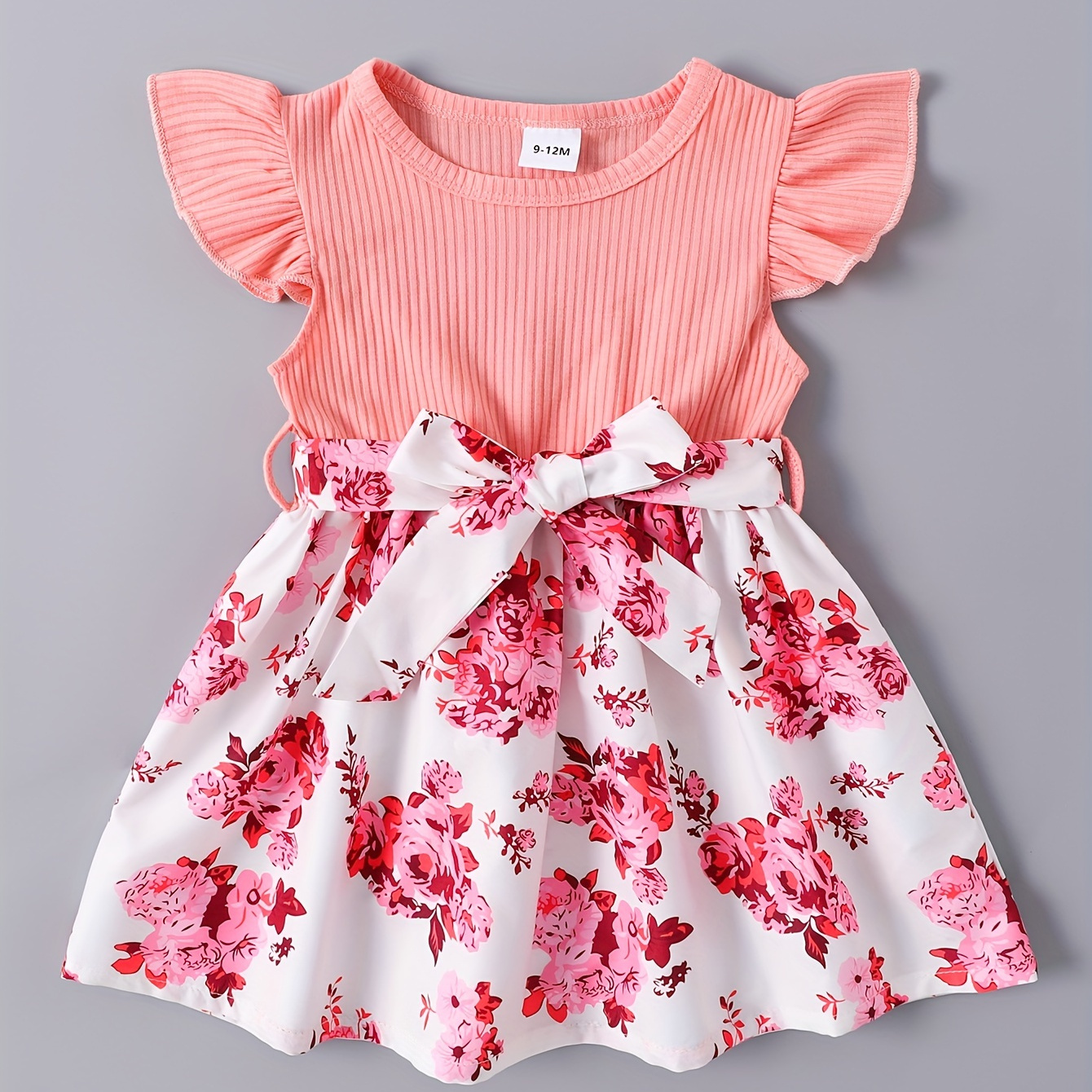 

Baby's Flower Pattern Ribbed Belted Cap Sleeve Dress, Infant & Toddler Girl's Clothing For Summer/spring, As Gift