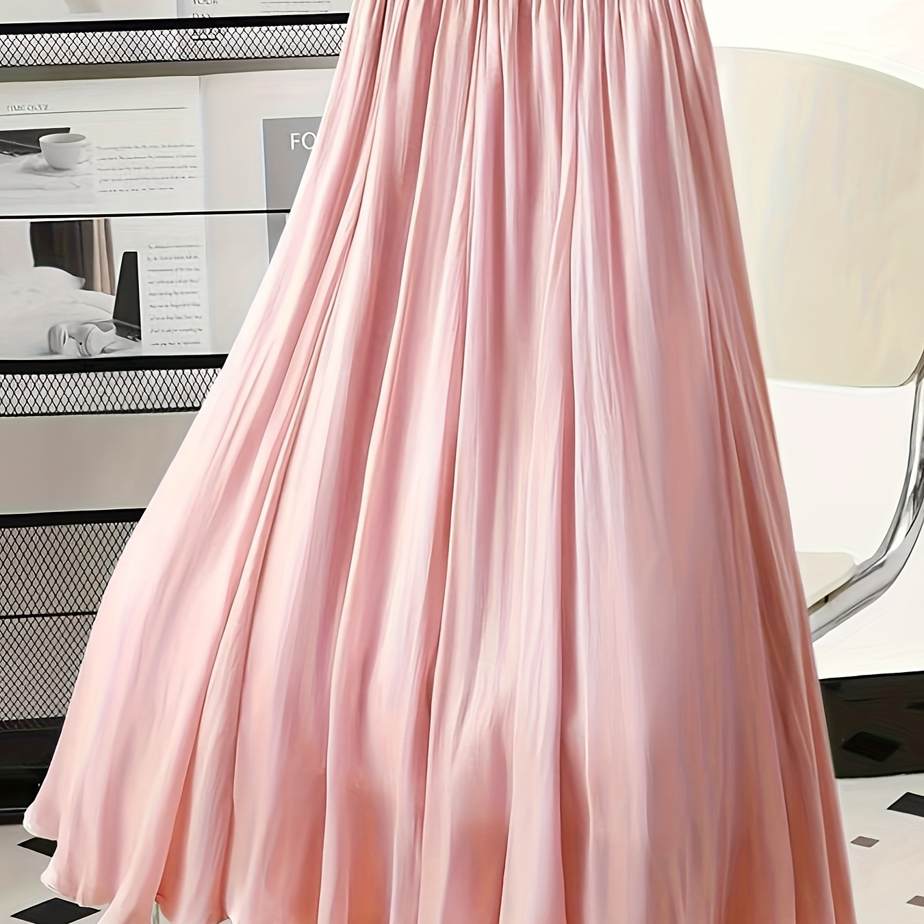 

1pc Elegant Pleated A-line Skirt For Women - Polyester, Solid Color, Luxurious Shimmer, Woven Weave, , Ruffle Detail - Spring/ Collection