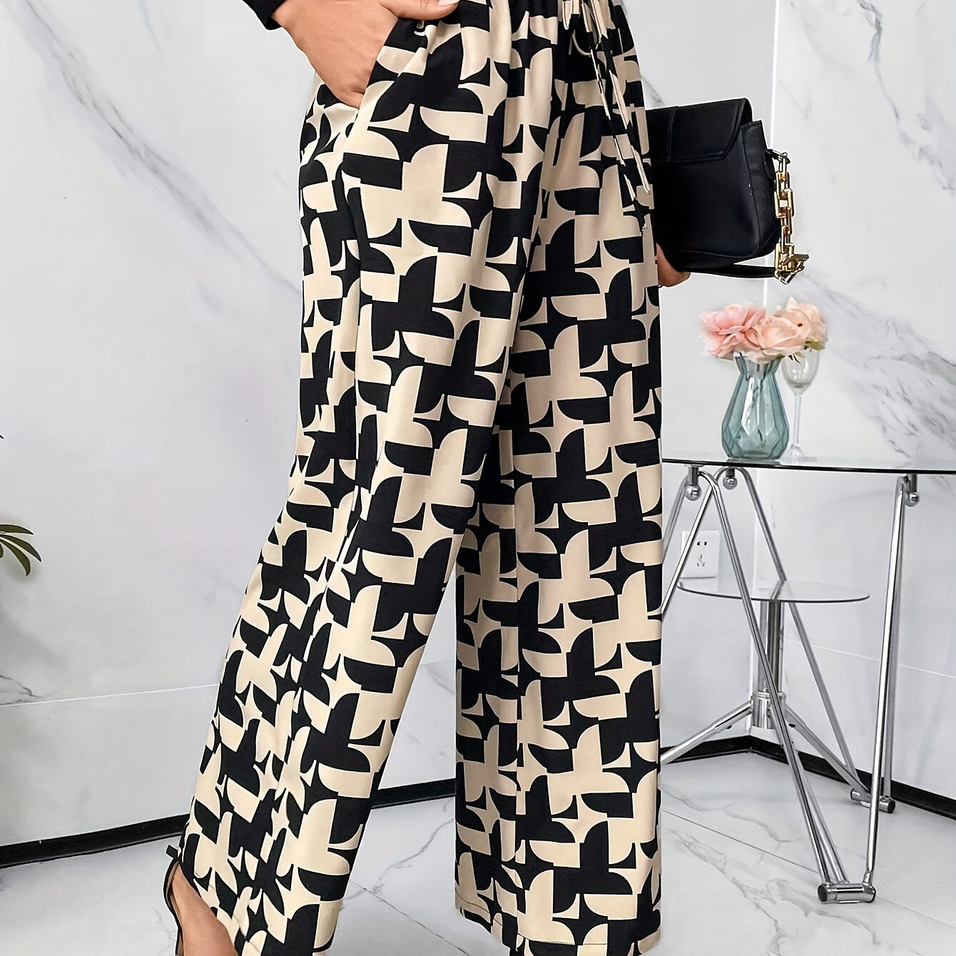 

Allover Print Slant Pockets Wide Leg Pants, Casual Elastic Waist Loose Pants For Spring & Summer, Women's Clothing