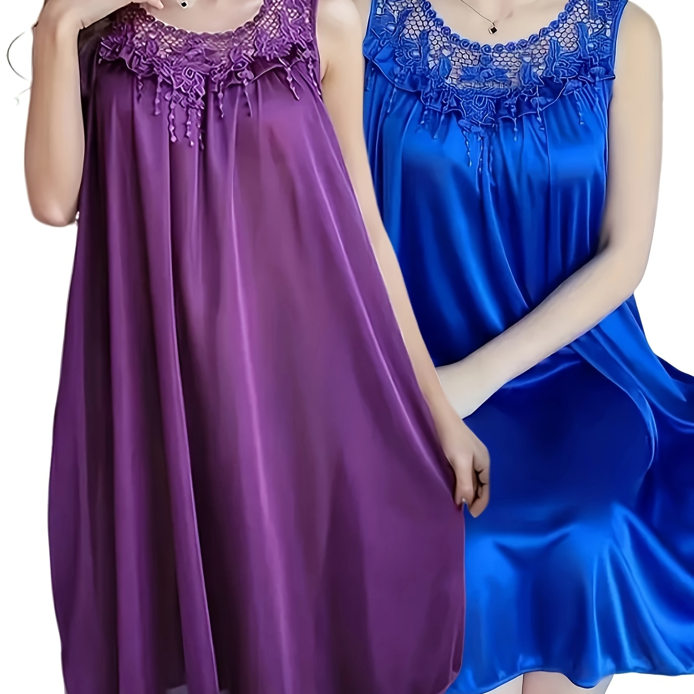 

2-pack Elegant Lace-trimmed Satin Nightgowns, 100% Polyester V-neck Sleep Dresses For Women, Solid Color Summer Knit Fabric Nightwear