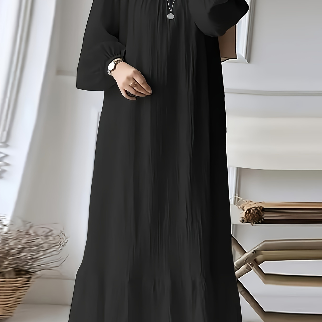 

Relaxed Silhouette, Elegant Solid Color Lantern Sleeve Maxi Dress With Ruffle Hem - Casual Round Neck, Loose Fit, Machine Washable - Women'