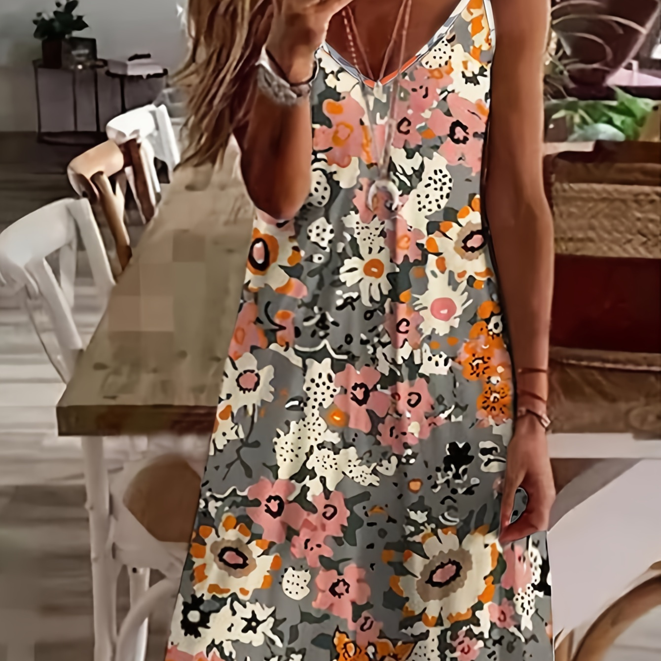 

Floral Print V Neck Loose Cami Dress, Vacation Sleeveless Spaghetti Strap Dress For Spring & Summer, Women's Clothing