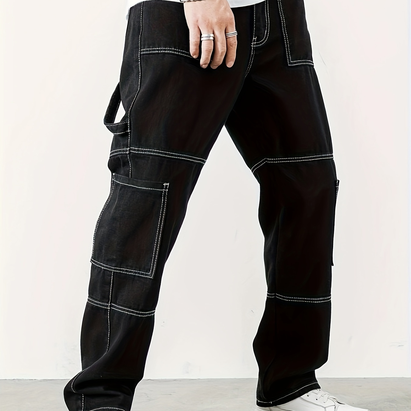

Men's Loose Geometric Print Denim Trousers With Pockets, Causal Cotton Blend Jeans For Outdoor Activities