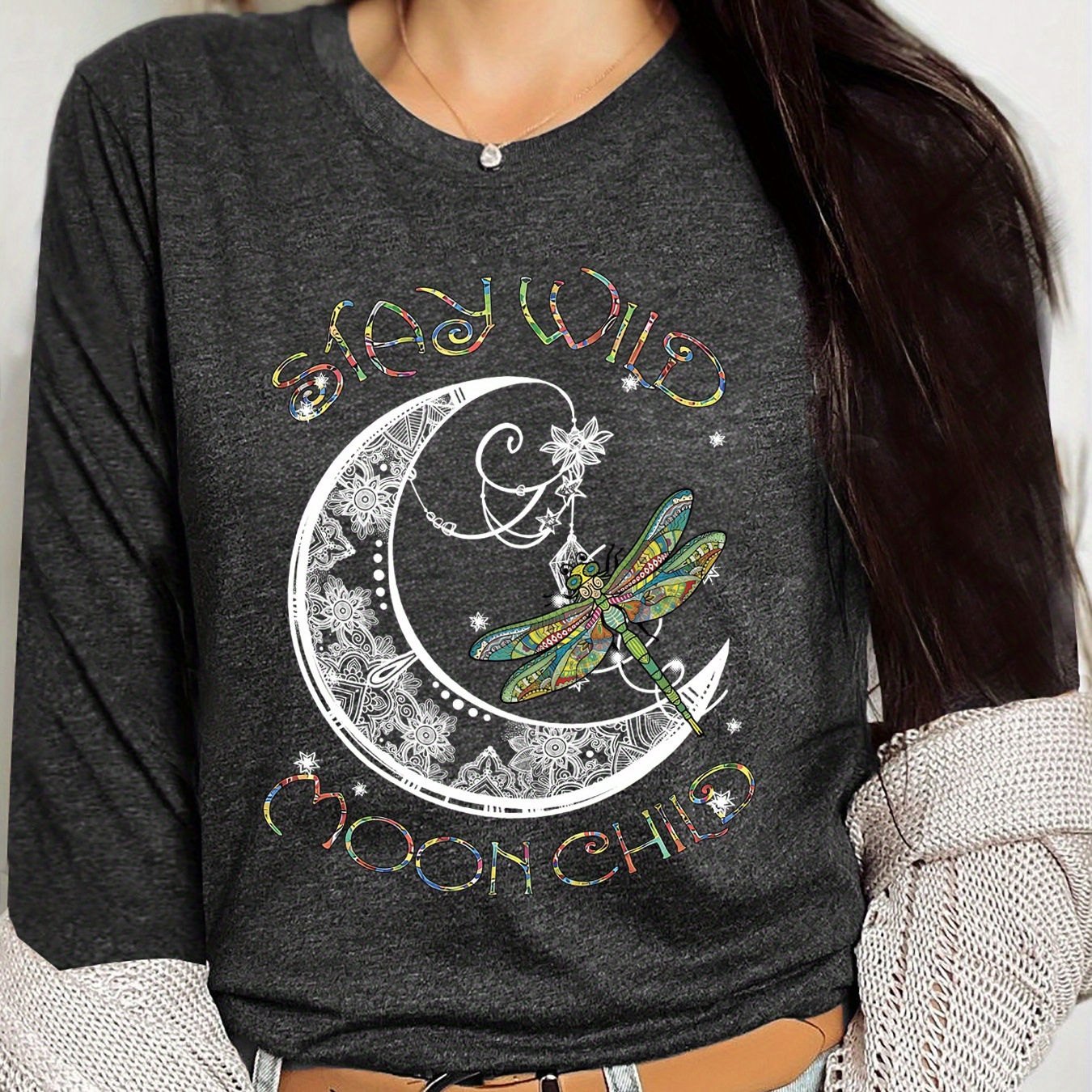 

Moon & Dragonfly Print T-shirt, Long Sleeve Crew Neck Casual Top For Spring & Fall, Women's Clothing