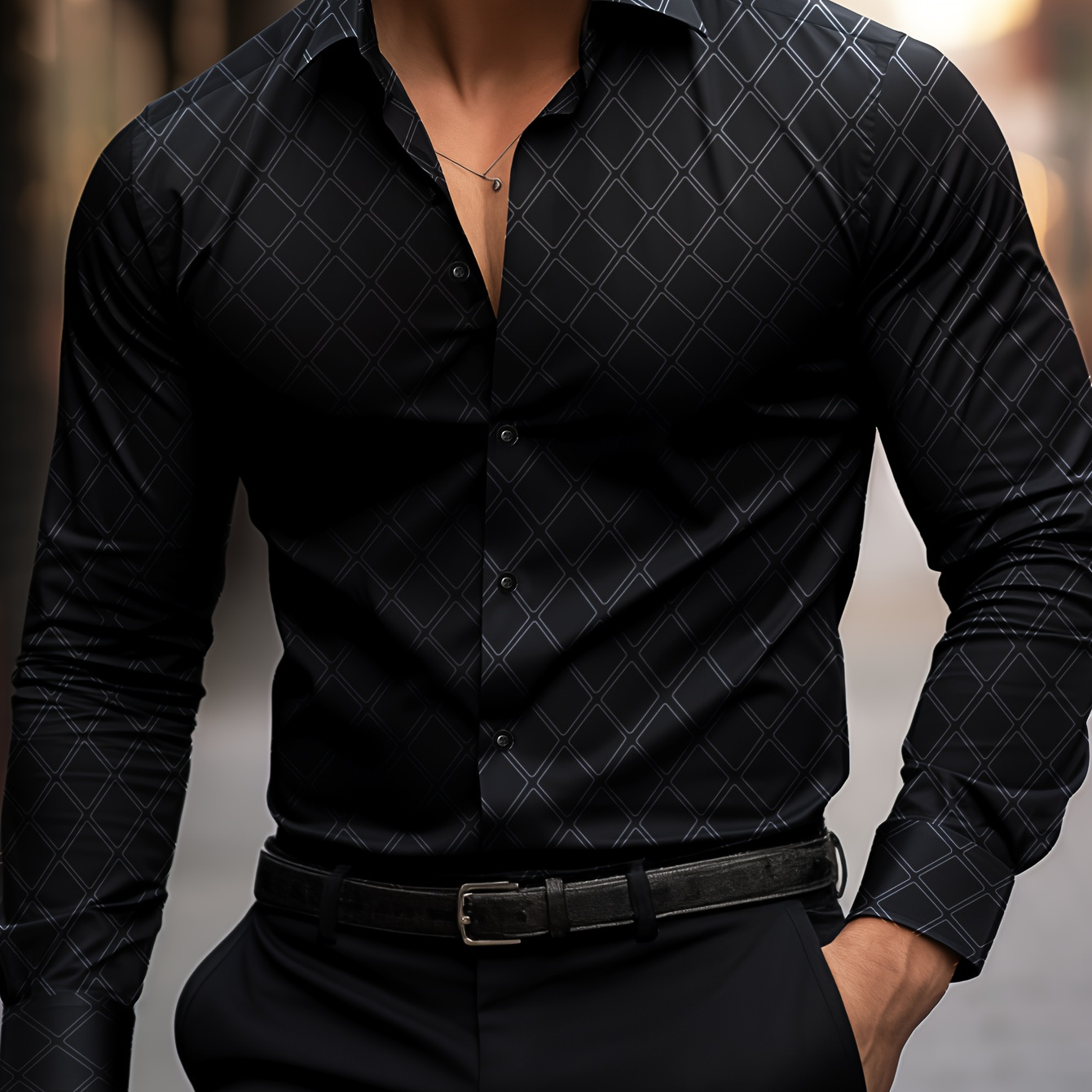 

Formal Print Dress Shirt, Elegant Black Shirt For Business