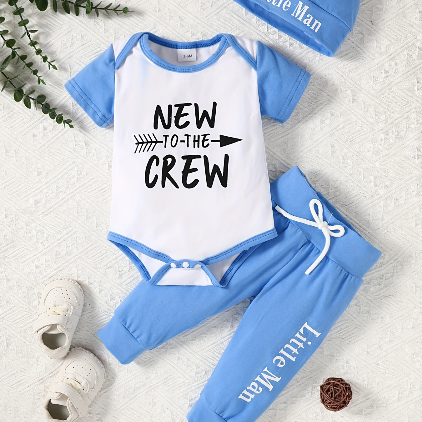 

2pcs Baby's "new To The Crew" Print Color Clash Set, Short Sleeve Onesie & Hat & Pants, Baby Boy's Clothing, As Gift