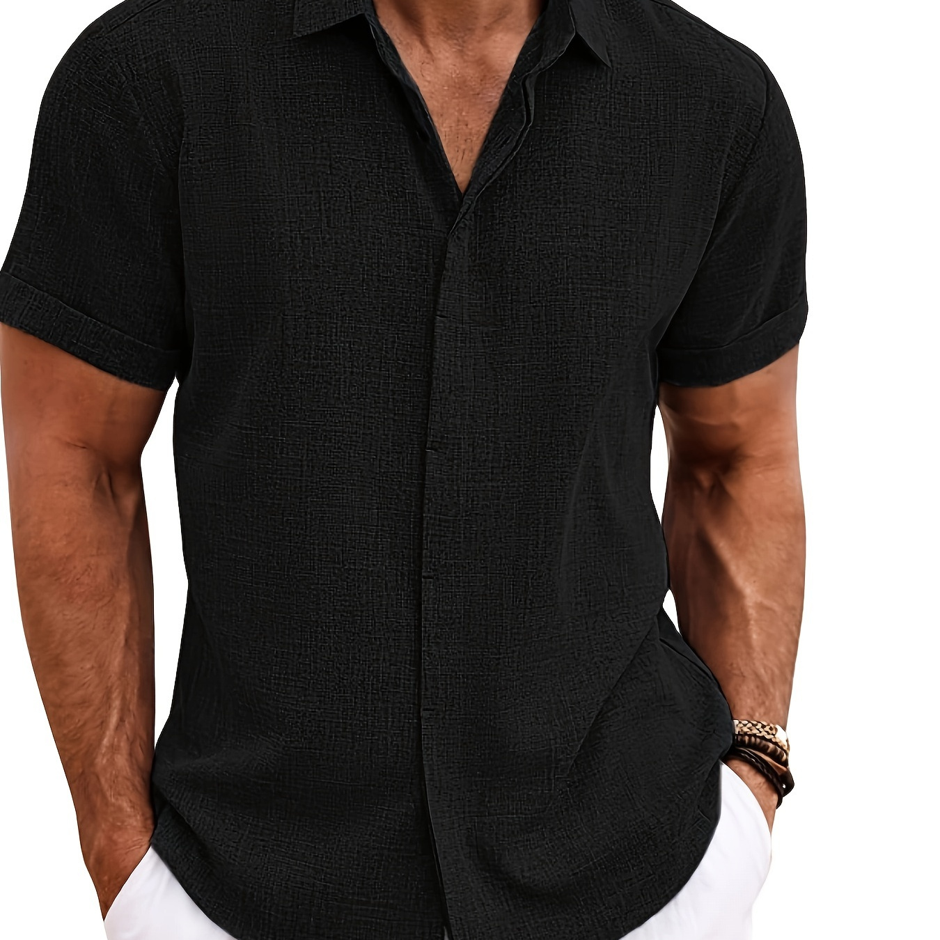 

Men' Front Hemp Cardigan Short Sleeve High Quality Shirt Short Sleeve Lapel Shirt