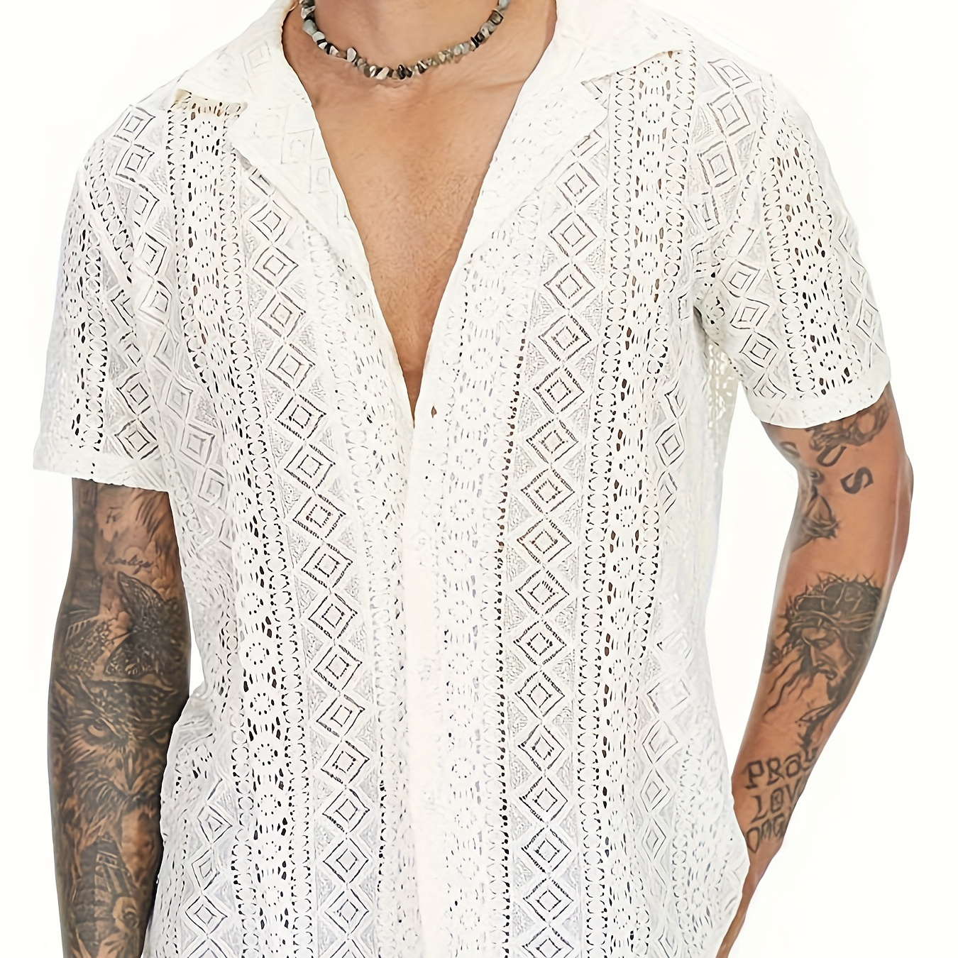 

Bohemian Style Men's Lace Cotton Thin Hollow Short Sleeve Button Down Shirt, Summer Resort Vacation, Photography For Spring Summer, Coquette Style